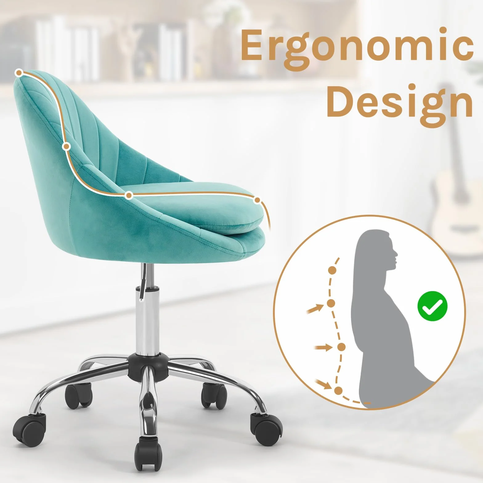 WOLTU Krzesło biurowe, ergonomiczne, obrotowe, z kółkami, obciążenie 150 kg, do gabinetu, sypialni, aksamitne, turkusowe, BS167ts