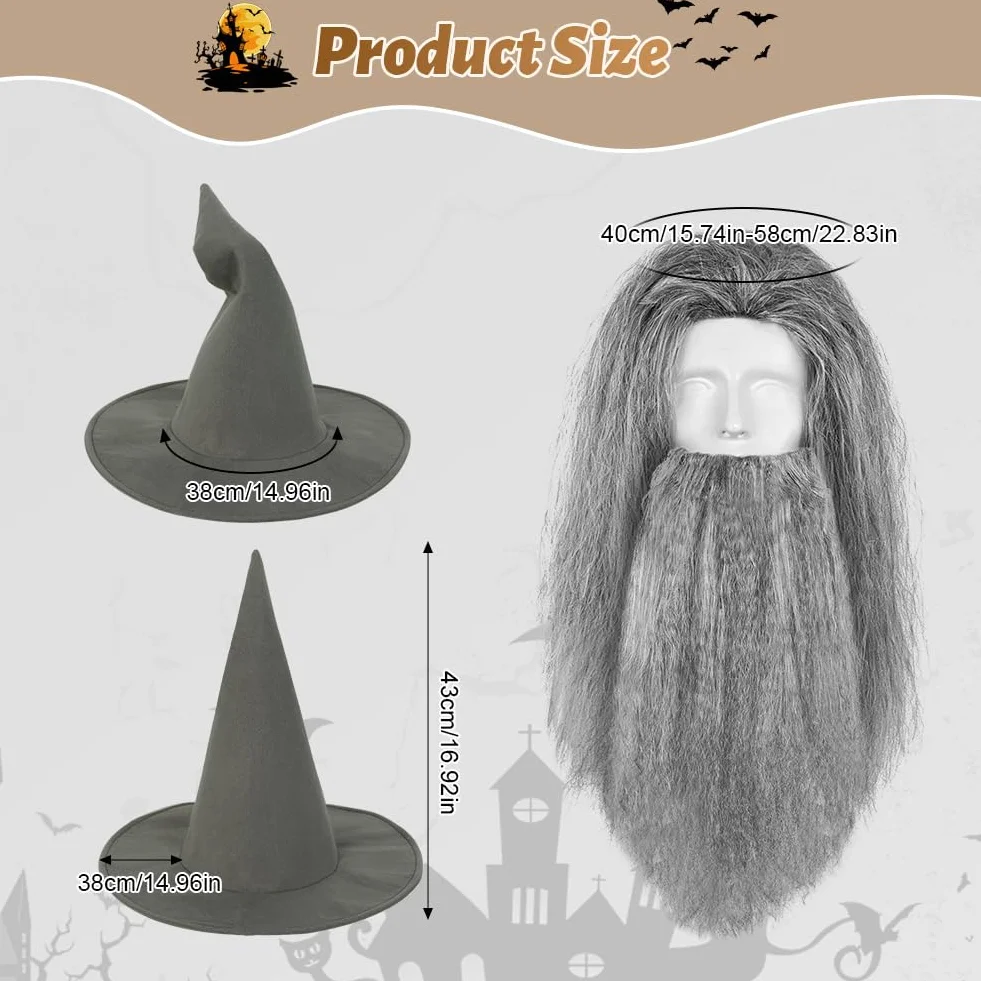 Kostium średniowiecznego czarodzieja, kostium czarnoksiężnika, kostium dorosłego szarego czarodzieja, zawiera tunikę, kapelusz i pasek, idealny na Halloween, karnawał i cosplay