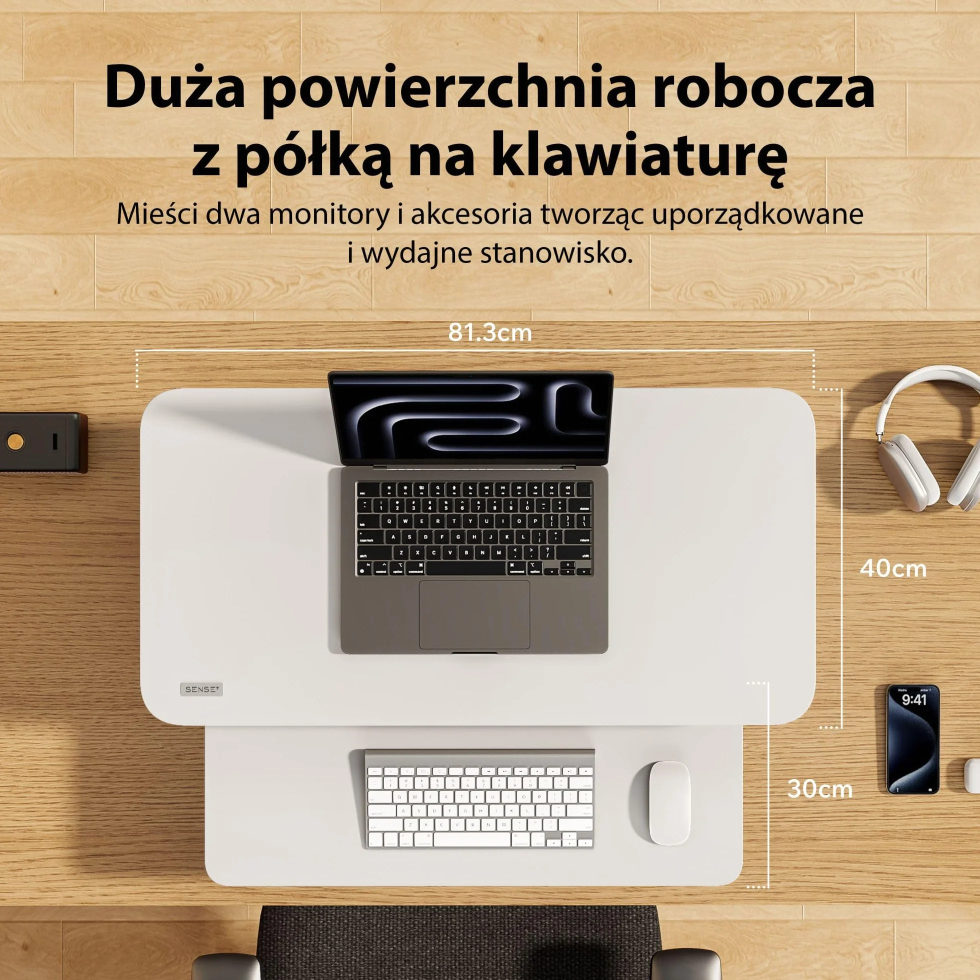 SENSE7 Desk Converter Regulowana Wysokość 81x40 cm Mobilna Konstrukcja Biała