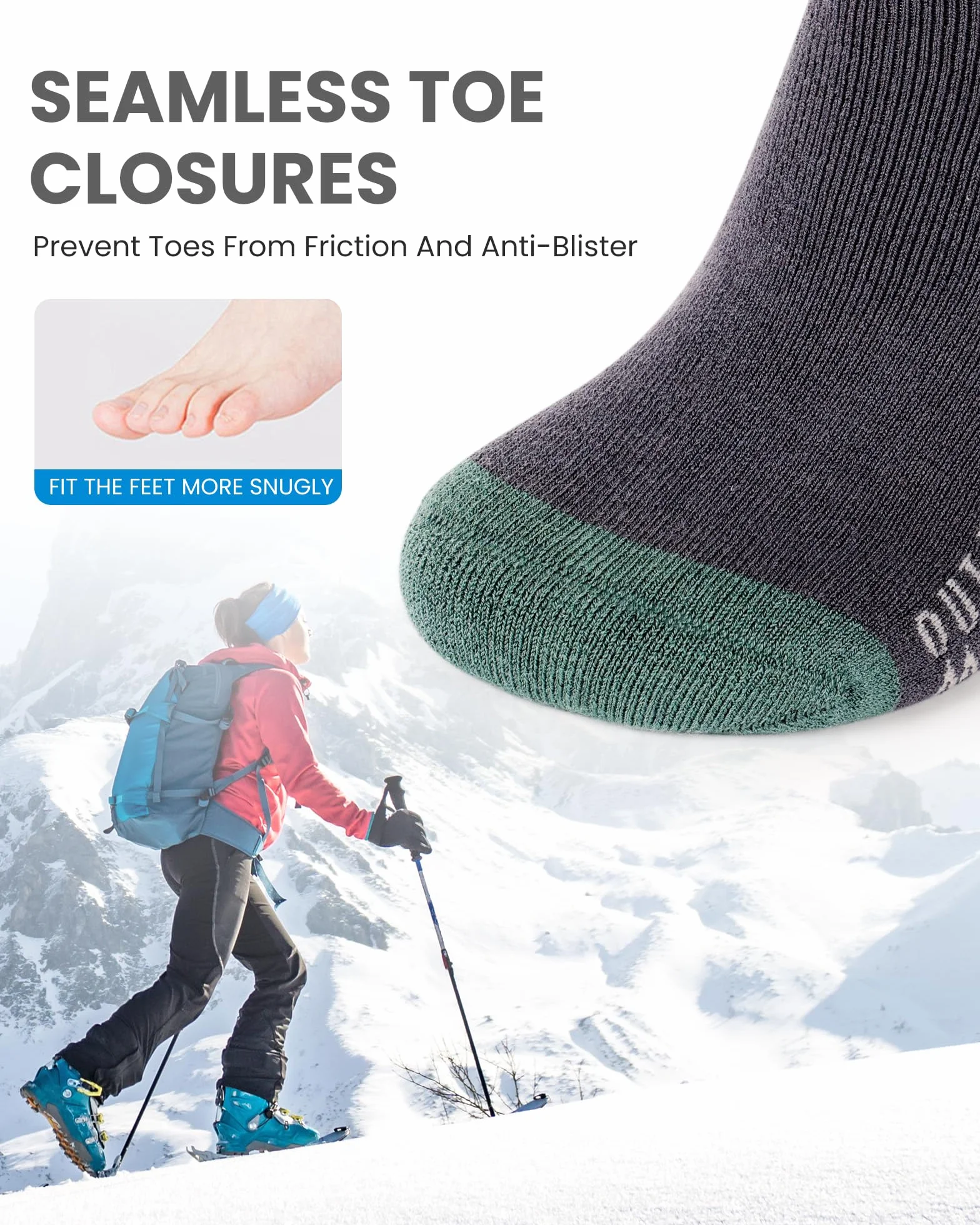 OutdoorMaster 2-pak skarpety narciarskie z wełny merynosów dla mężczyzn/kobiet (OTC) antypoślizgowe mankiety, skarpety termiczne na zimę, snowboard
