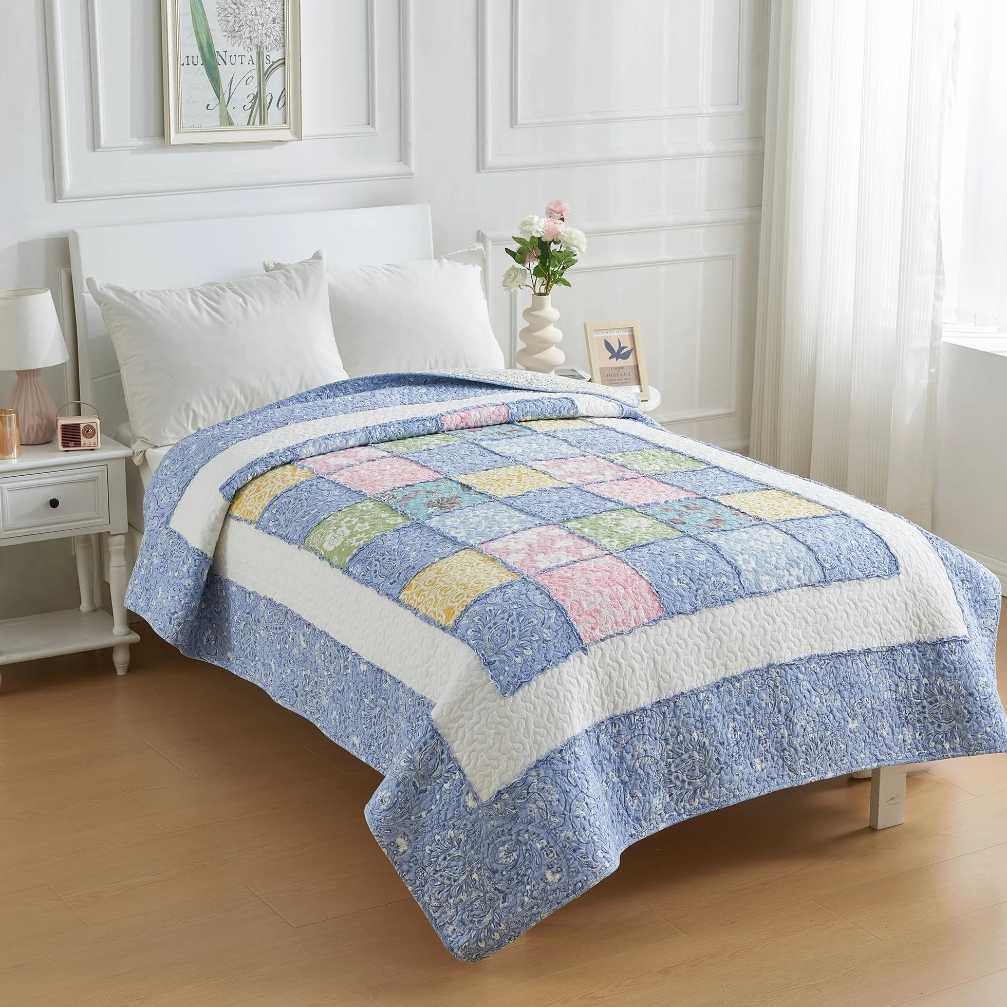 Cozyholy Oryginalna 100% Bawełniana Patchworkowa Kołdra Podwójna Niebieska Paisley Kwiatowa Narzuta Dwustronna Vintage Shabby Chic Pikowana na Kanapę Sofę