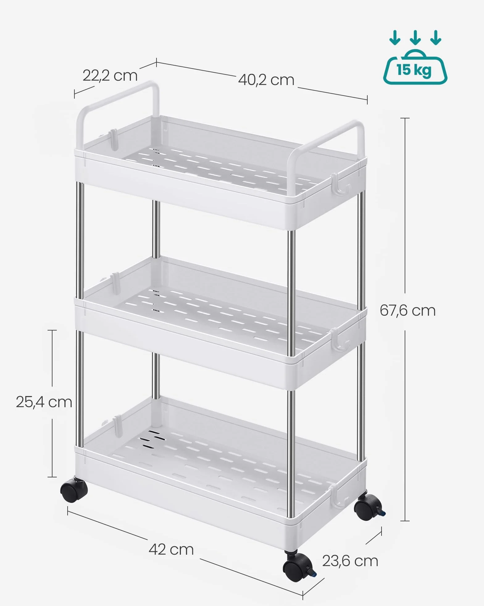 SONGMICS Wózek kuchenny z 3 poziomami, 23,6 x 42 x 67,6 cm, biały