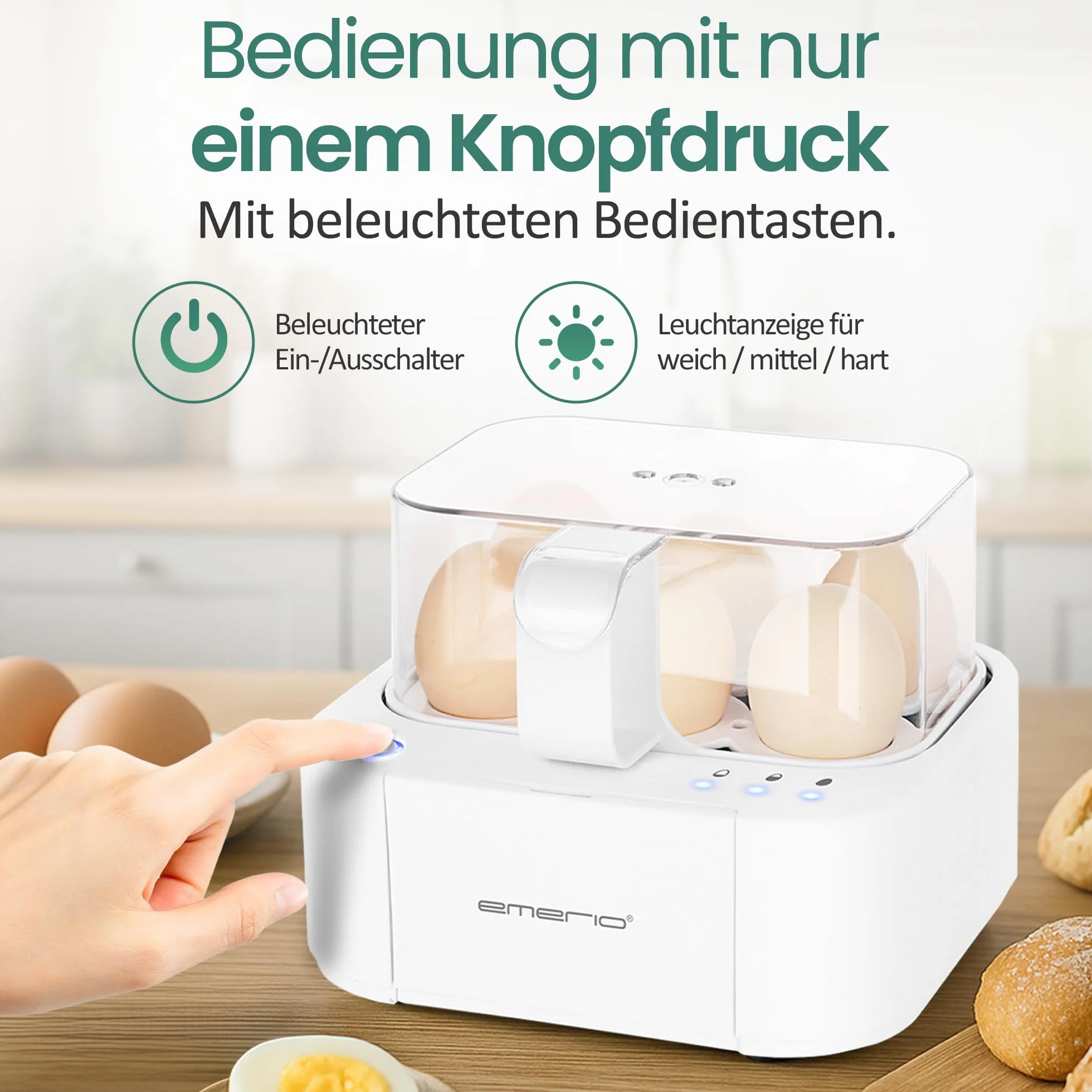 Emerio doskonała, unikalna kuchenka do jajek gotuje wszystkie trzy poziomy gotowania [soft|medium|hard] w jednym procesie gotowania z doskonałymi wynikami i wielojęzycznym głosem w DE EN FR PL