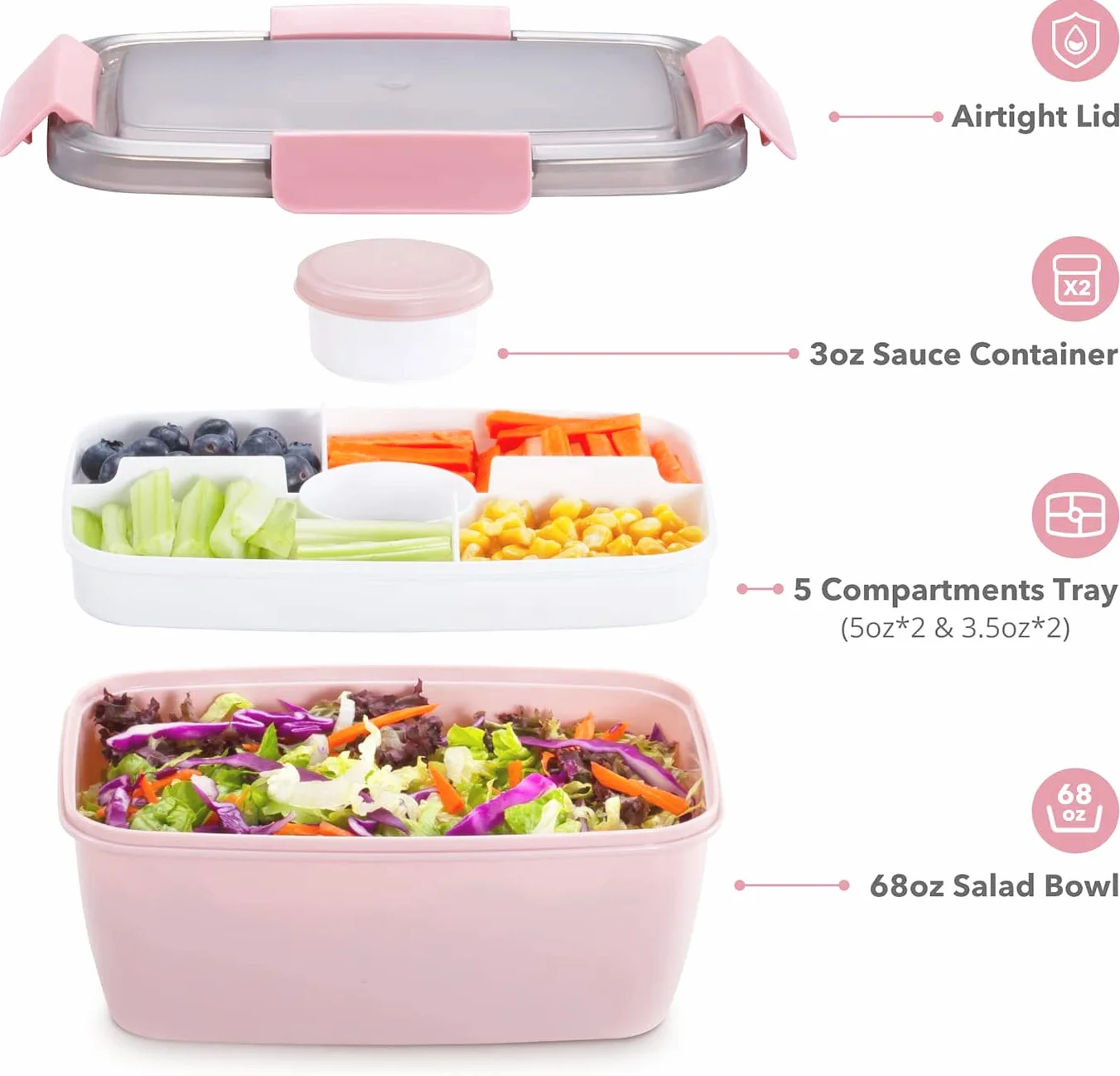 MUJUZE Bento Box 2000 ml 2-poziomowe pudełko na lunch z przegródkami, bez BPA, ze sztućcami, różowe
