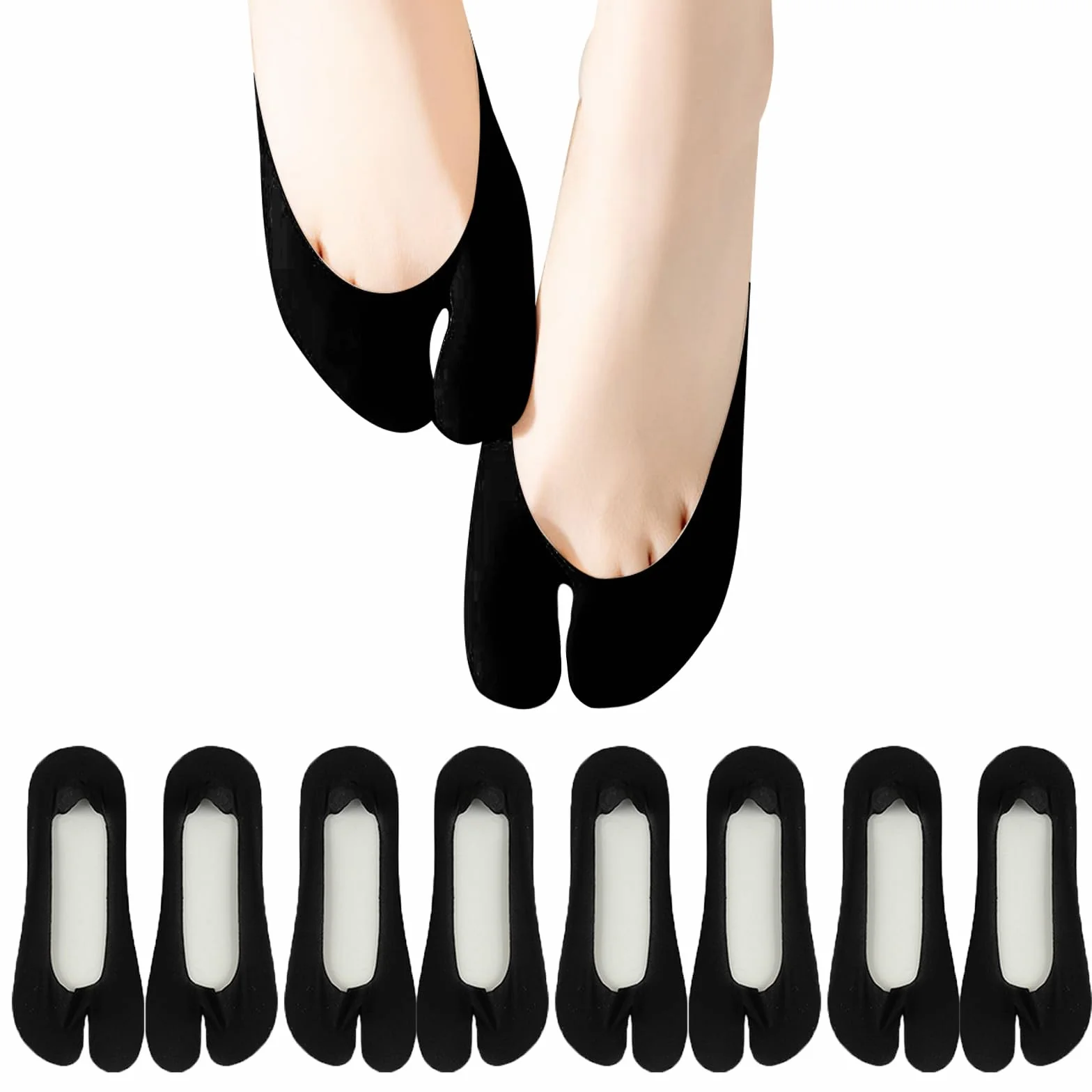 4 pary Niewidzialne damskie skarpetki Tabi, Ice Silk No Show Tabi Socks Women Niewidoczne antypoślizgowe klapki do butów z rozciętymi palcami