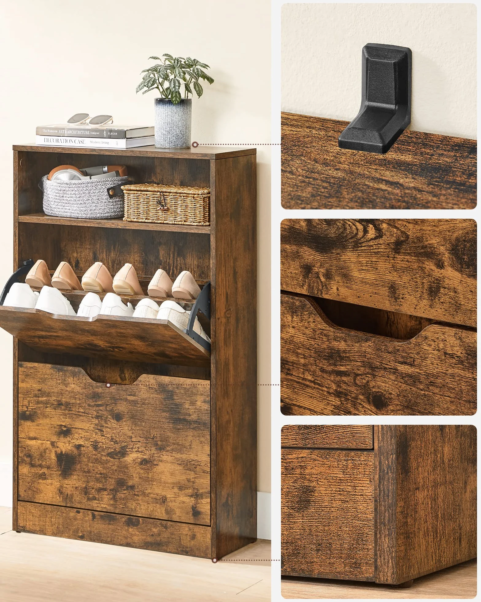 VASAGLE Szafka na buty z 2 klapami z otwartą półką 60 x 24 x 102 cm rustykalny brąz