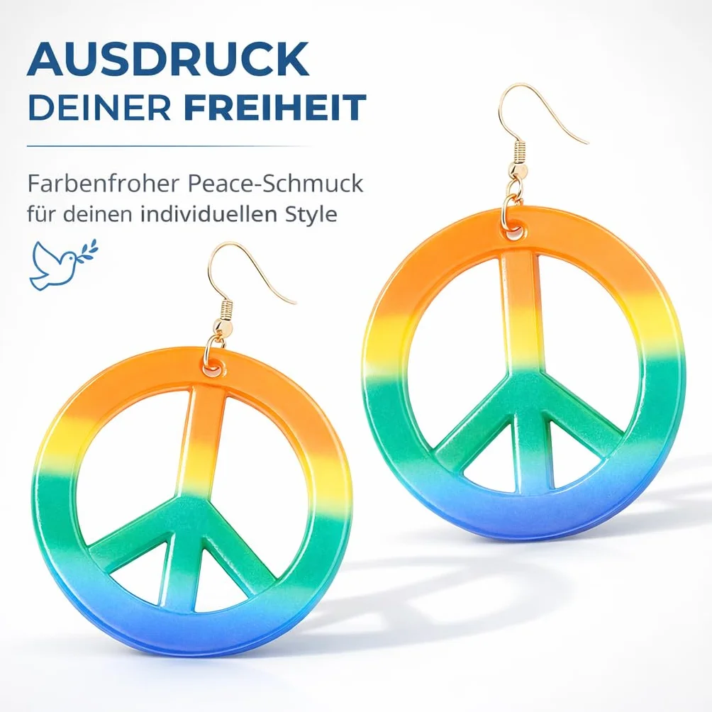 TK Gruppe Timo Klingler Kolczyki Hippie Peace – tęczowy wisiorek do kostiumu na karnawał, jako dodatek do kostiumu - pierścionki biżuteria