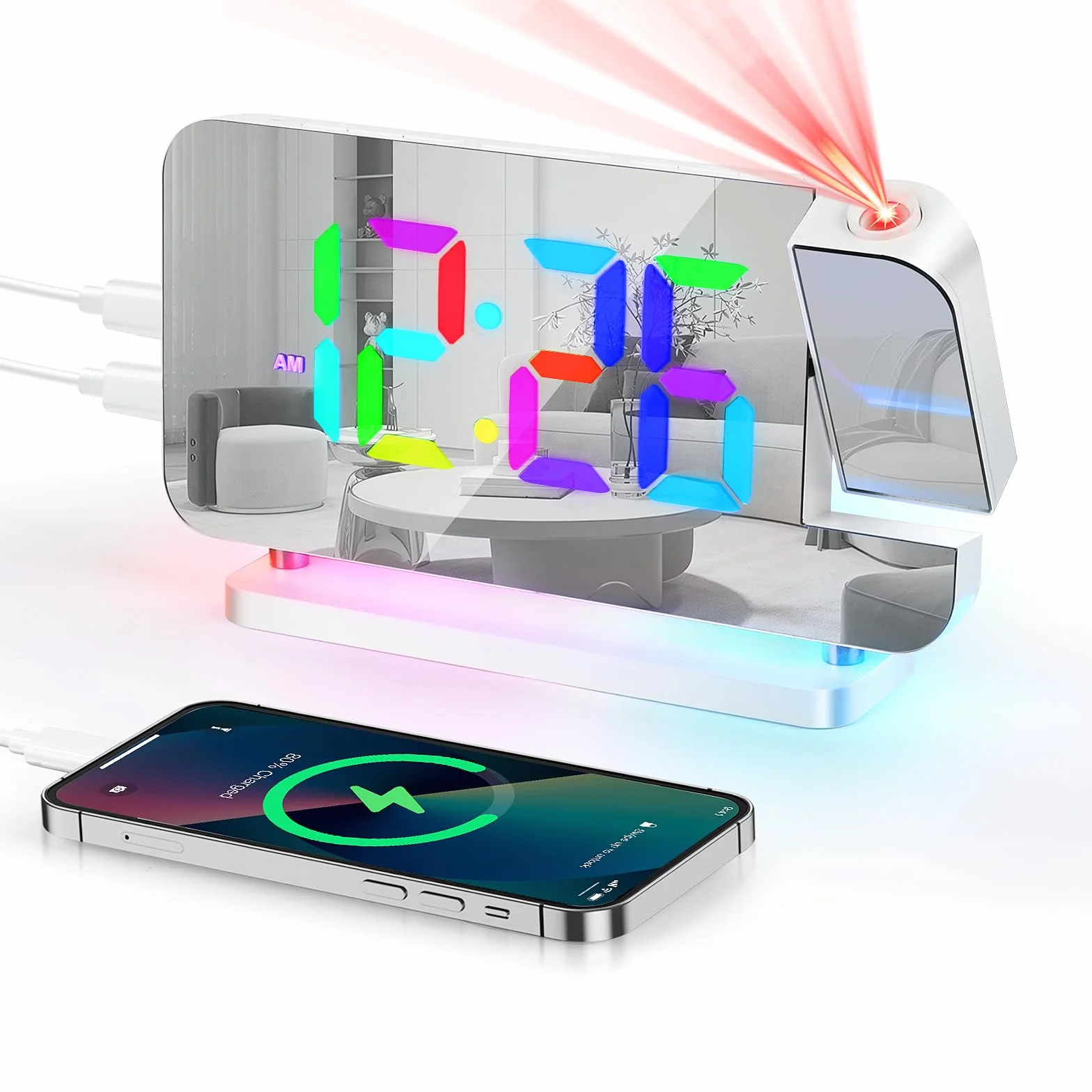 Euakee Budzik Projekcyjny 7,4 Cala LED Zegar Lustrzany 10 Kolorów Światło Nocne Projektor Obrotowy 180° USB-C