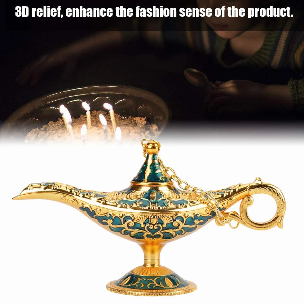 Lampa dekoracyjna 3D vintage metalowa rzeźbiona magiczna dżin palnik kadzidła złoto-niebieski