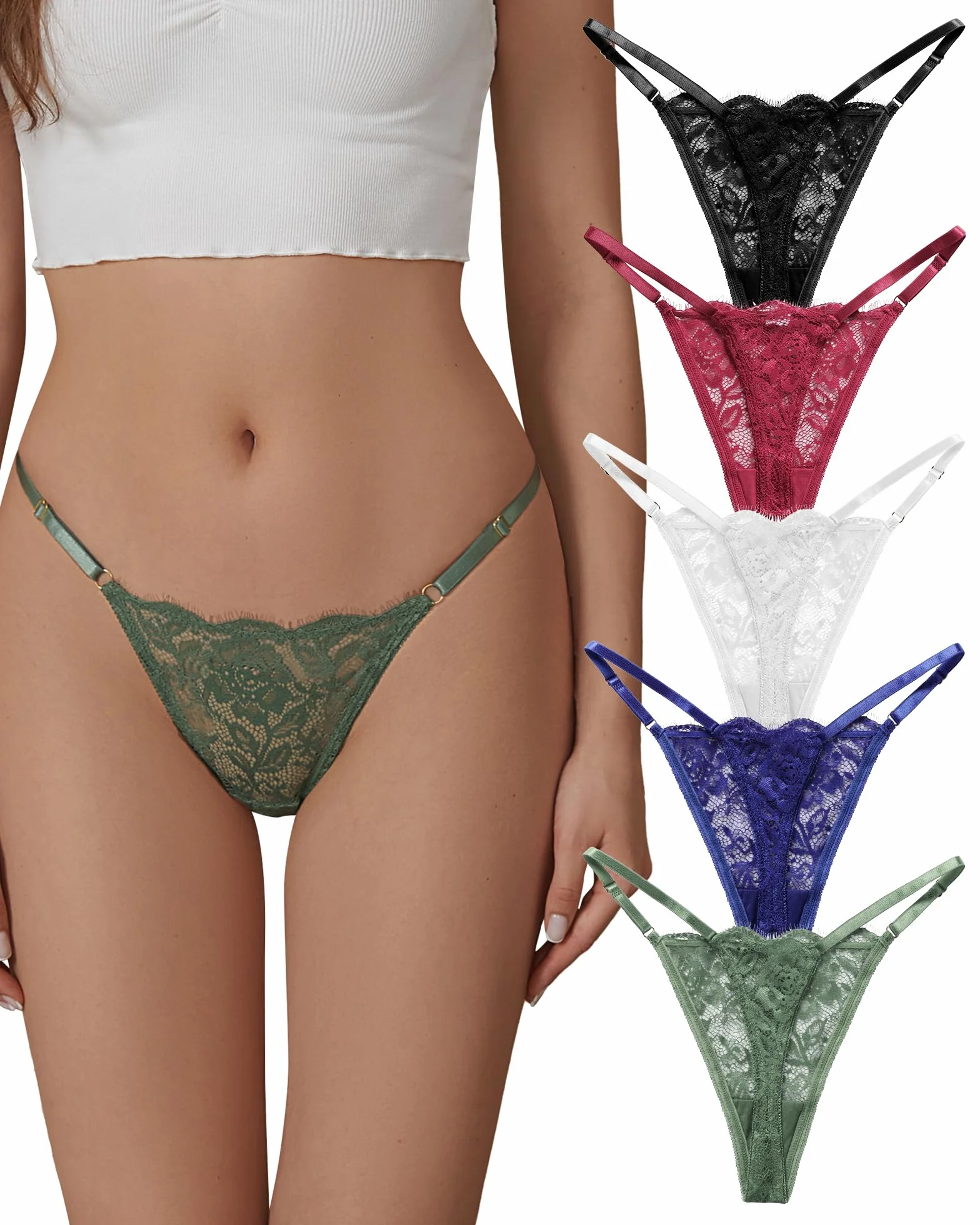 SHARICCA Lace G-String Thongs for Women Adjustable Sexy Low Rise Underwear Breathable T-back Thongs Panties 3 Pack, 5p - Basic, Medium