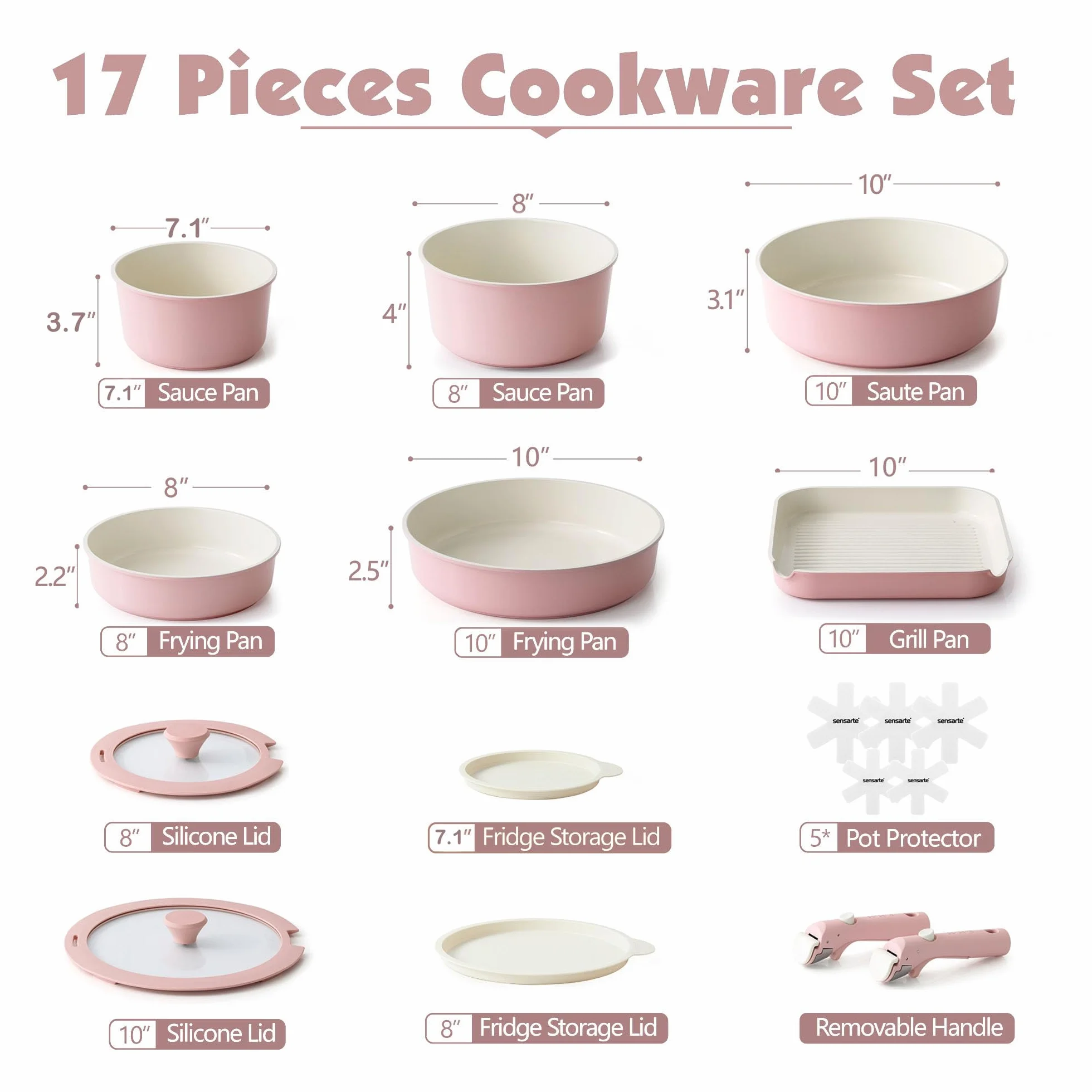 SENSARTE Ceramiczny zestaw garnków 17-częściowy nieprzywierający ze zdejmowanym uchwytem