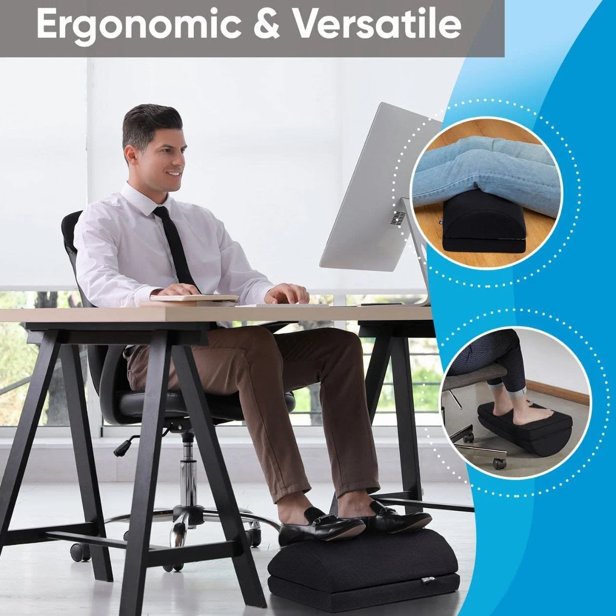 5 STAR UNITED Regulowany podnóżek pod biurko – Ergonomiczna poduszka z pianki memory z antypoślizgową podstawą, idealna do domu i biura – Czarny