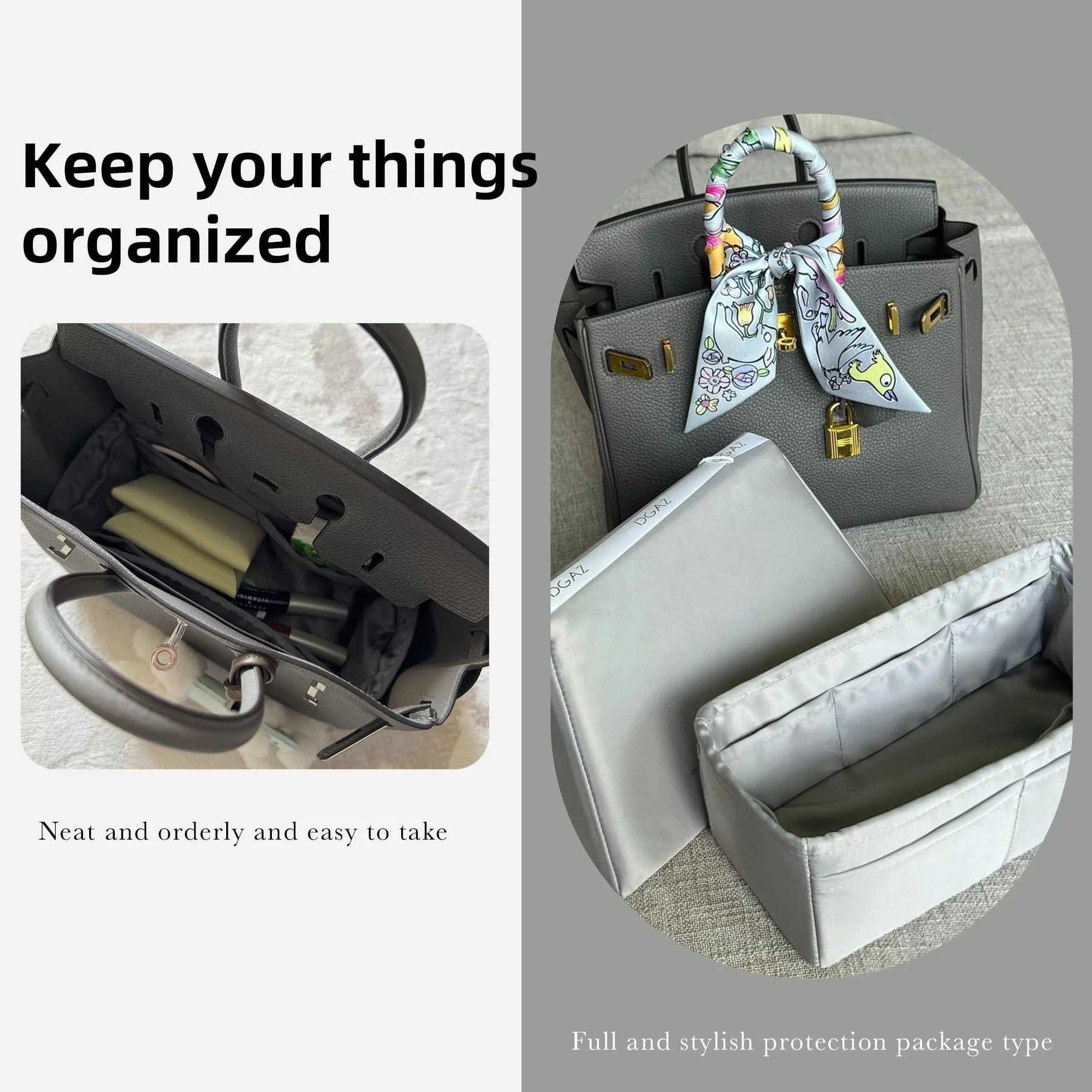 DGAZ Torba do torebki, organizer, jedwabna kieszeń wewnętrzna do Birkin 20/25/30/35/40/45/50, jedwabista w dotyku organizer kieszonkowy, wkładka Shaper (Pearl Grey, BK30)