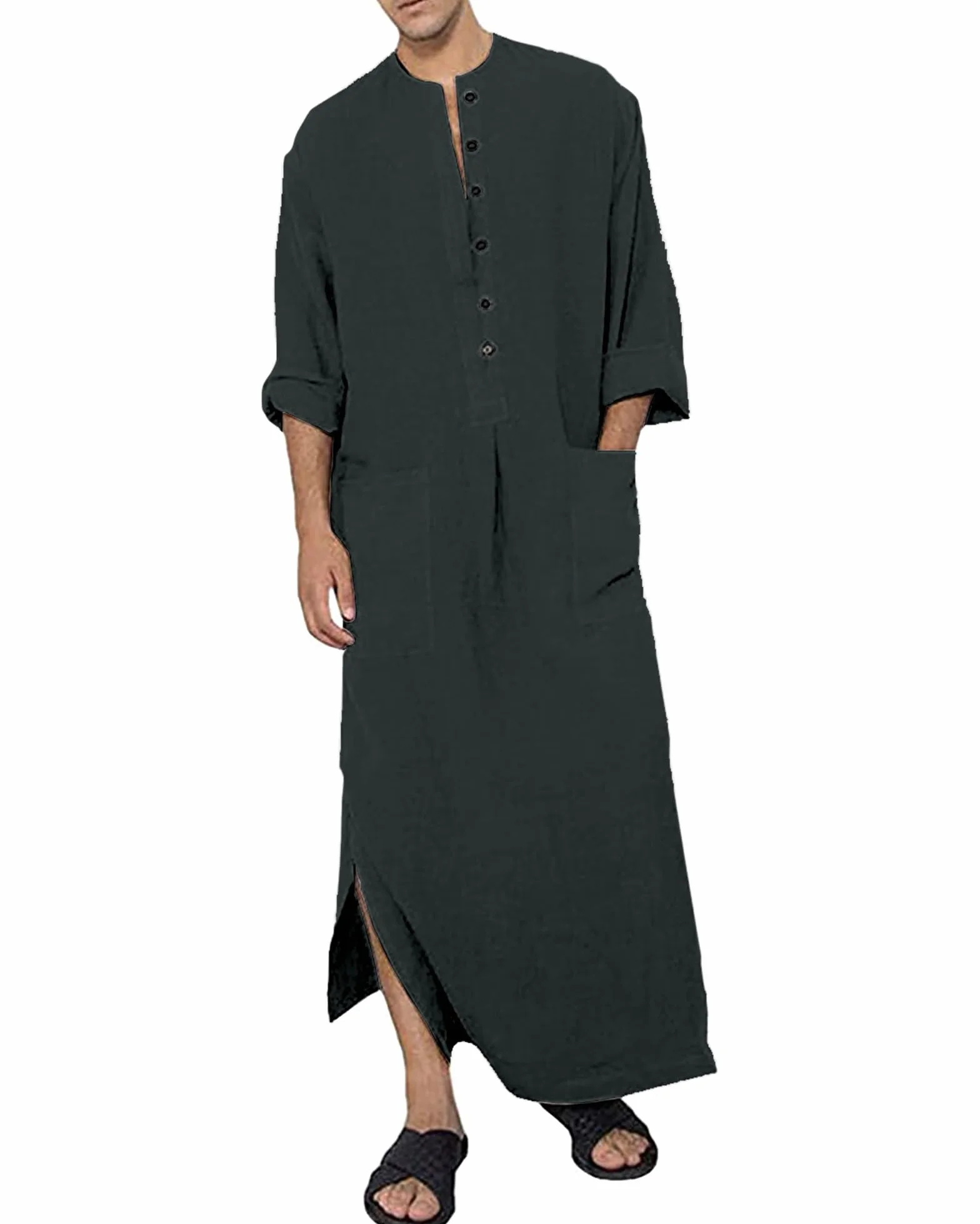YAOHUOLE Męski kaftan z dekoltem w serek z długim rękawem, kaftan, męski, długi guzik, wysokie Thobe, z bawełny, z kieszeniami