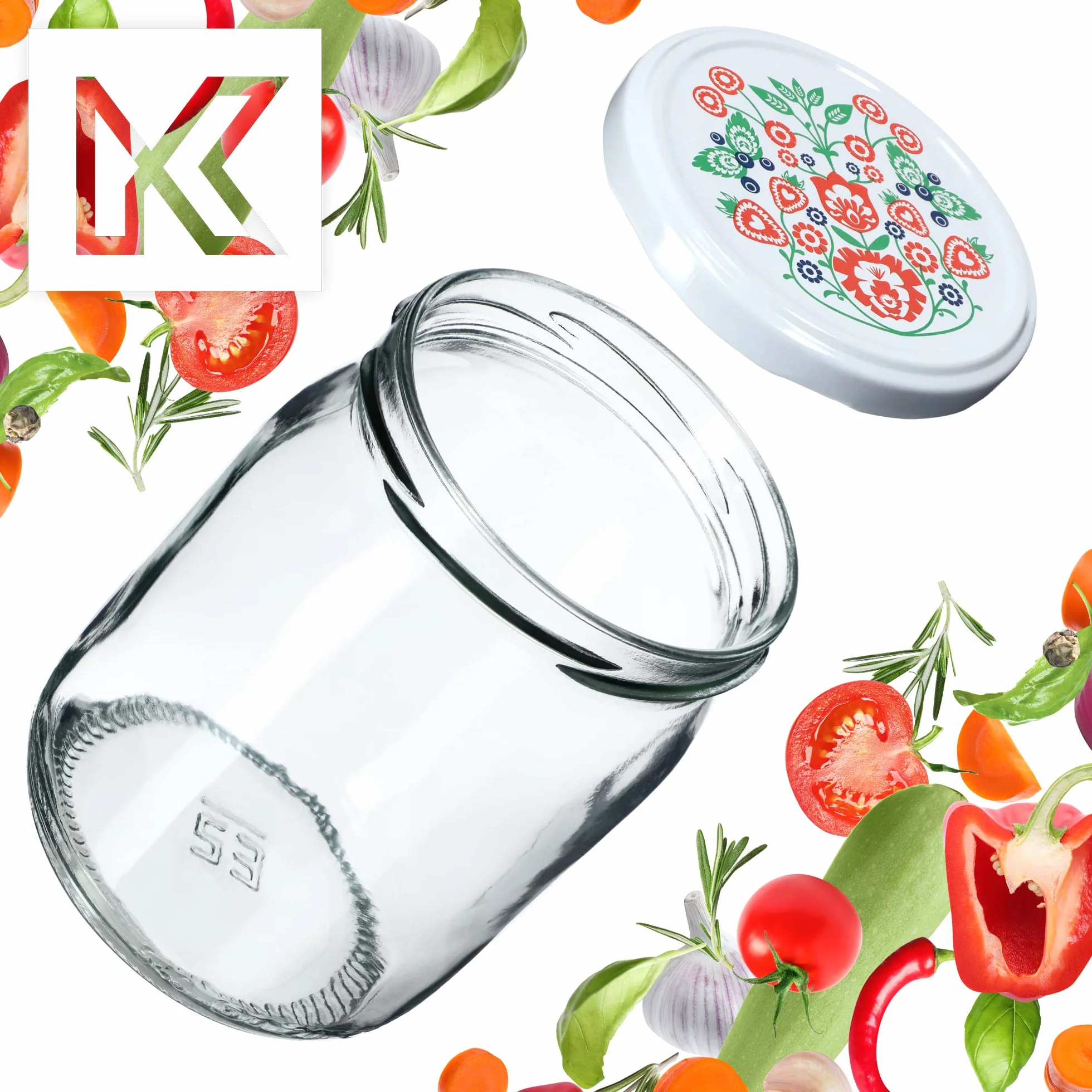 KADAX Szklane słoiki 540 ml, z hermetycznymi pokrywkami, do przechowywania domowych dżemów, miodu, marynat i kapusty kiszonej (folklor, zestaw 16 szt.)