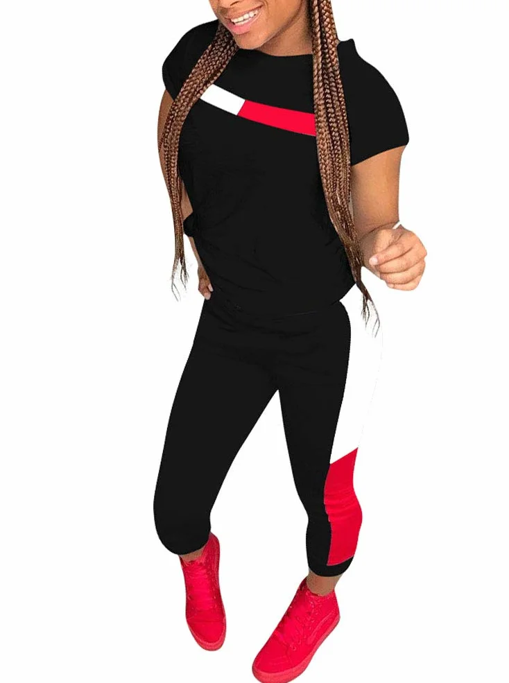 Kombinezon damski na lato moda dwuczęściowa koszulka + ubrania 7/8 fitness sport jogging spodnie joga casual basic, Czarny, L