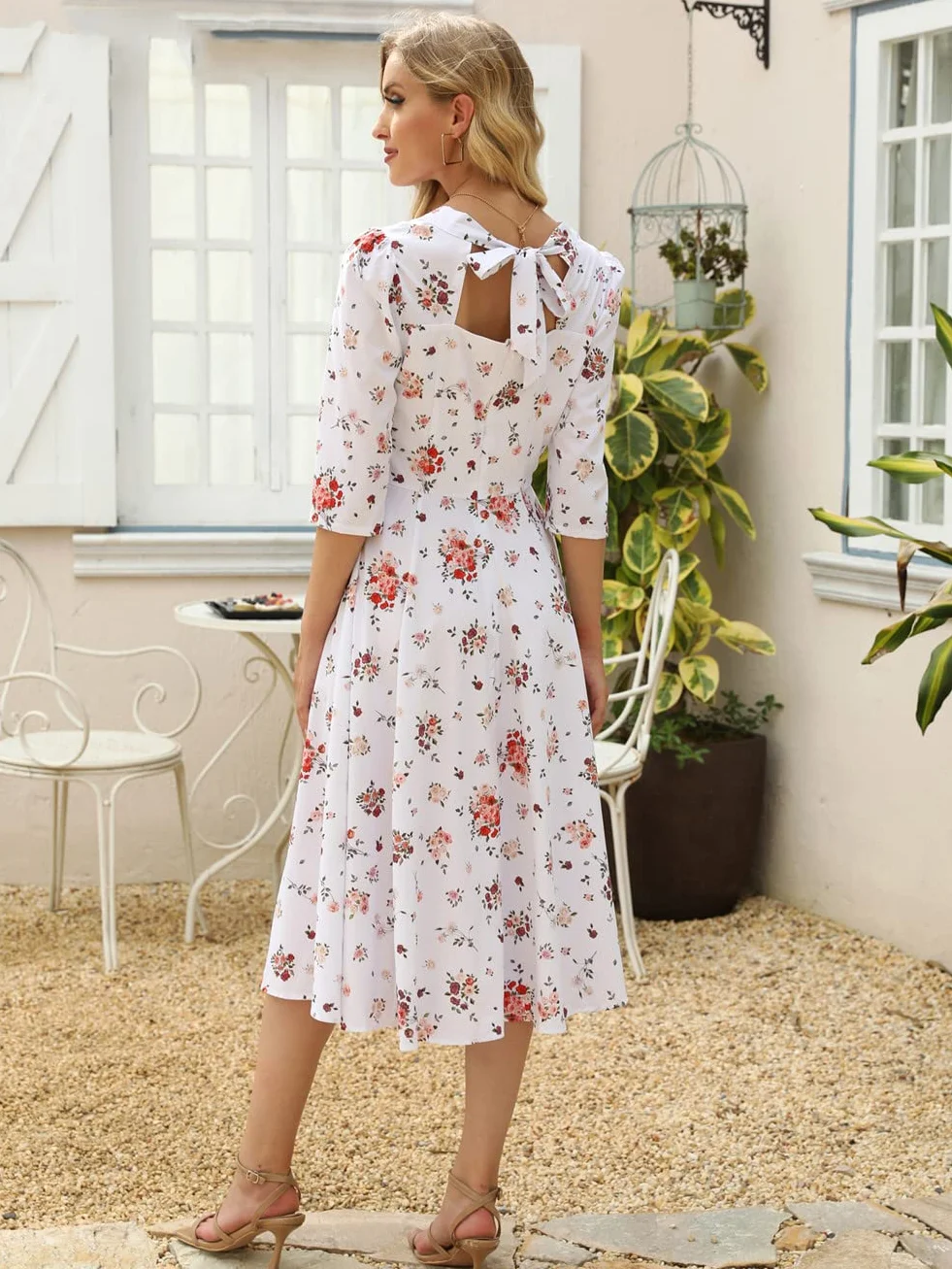 Damskie sukienki midi z nadrukiem kwiatowym kwadratowy kołnierz rękaw 3/4 linia A Party Vestidos styl francuski