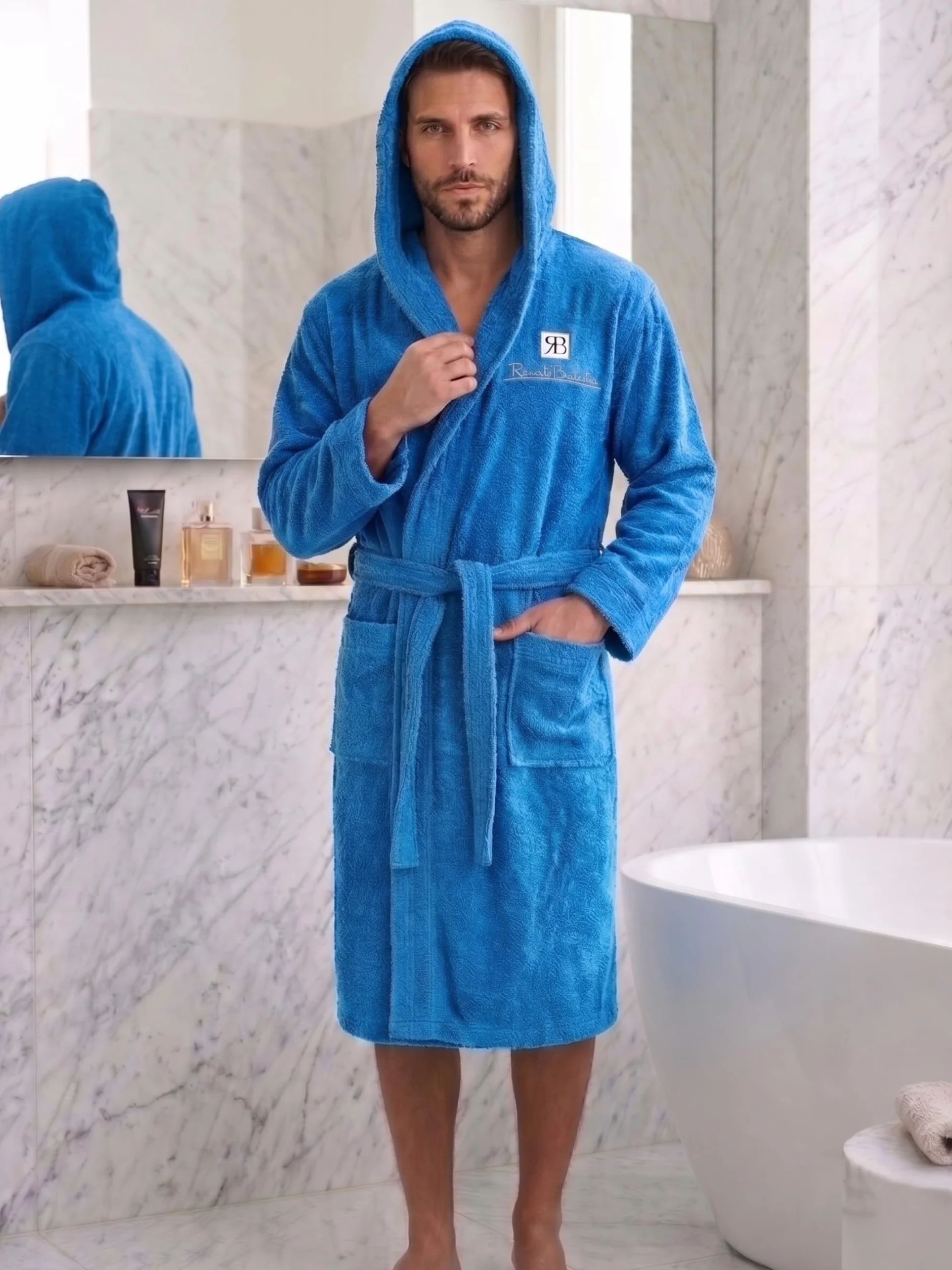 o-day Renato Balestra szlafrok kąpielowy dla mężczyzn, frotte, z kapturem, kieszeniami i paskiem, miękki, z bawełny frotte, rozm. M-XXL