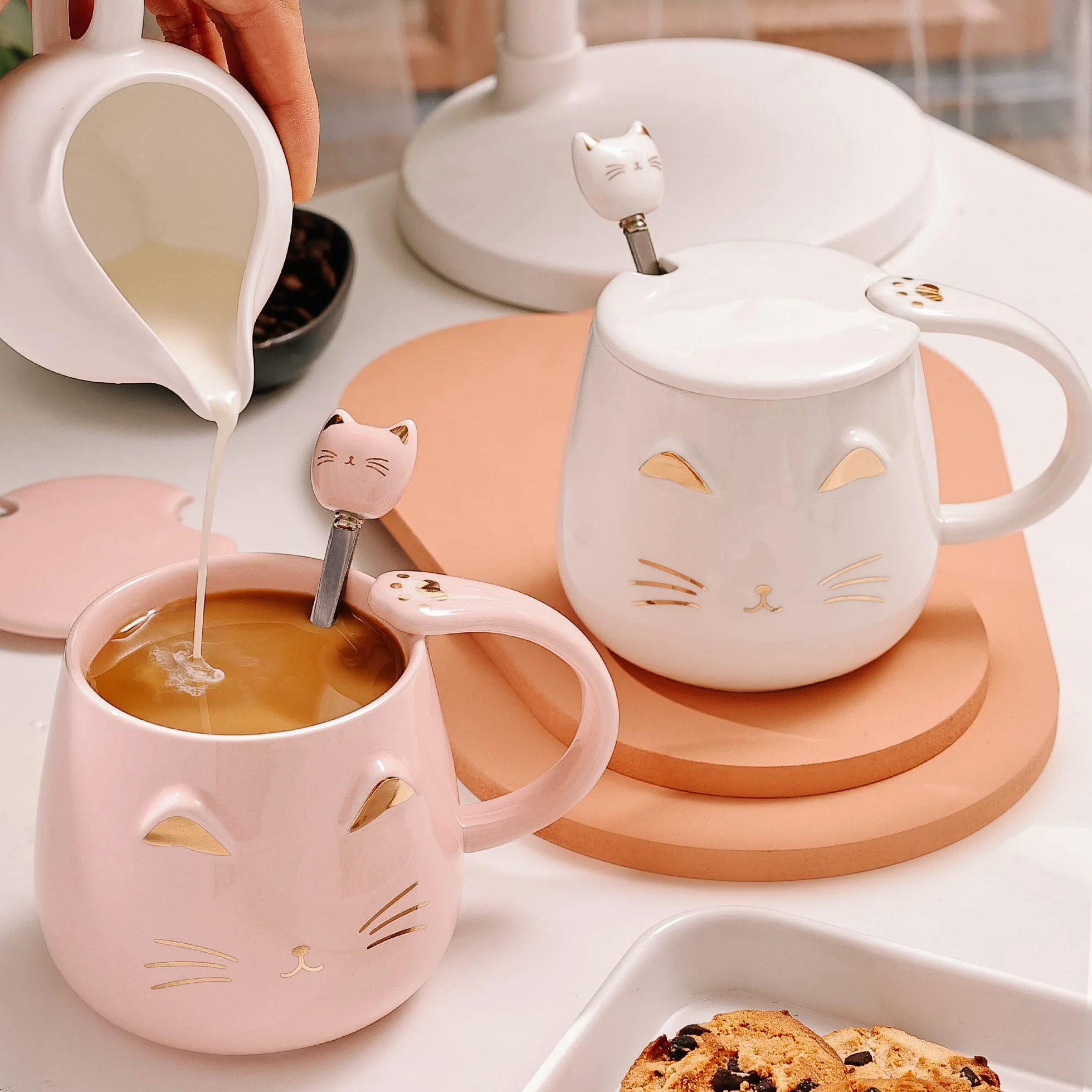 SHENDONG ceramiczny kubek z kotem Kawaii z pokrywką i łyżką ze stali nierdzewnej