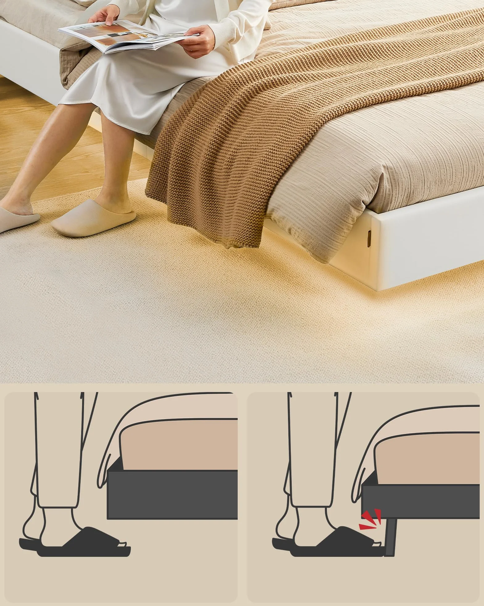 VASAGLE Łóżko podwójne 160x200 cm z oświetleniem LED, wysoki zagłówek, gniazda, biały RMB865W01