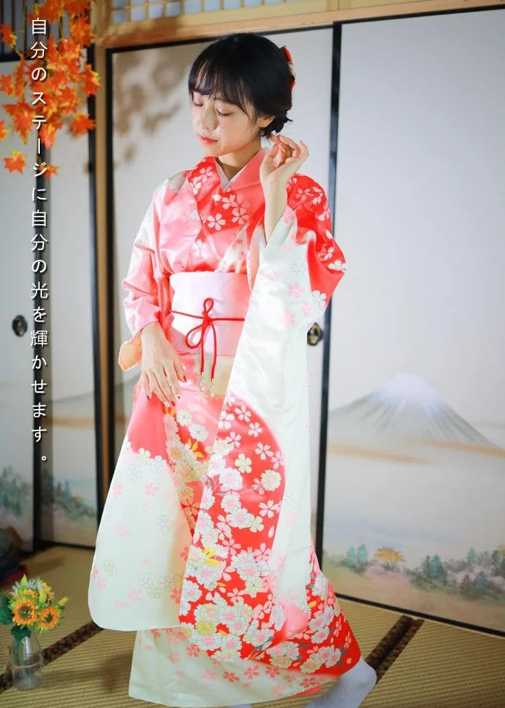 Damskie tradycyjne kimono haftowane Pretta Showa Retro Kimono, kwiaty, Kimono, długi, wiosenny zestaw 9 szt
