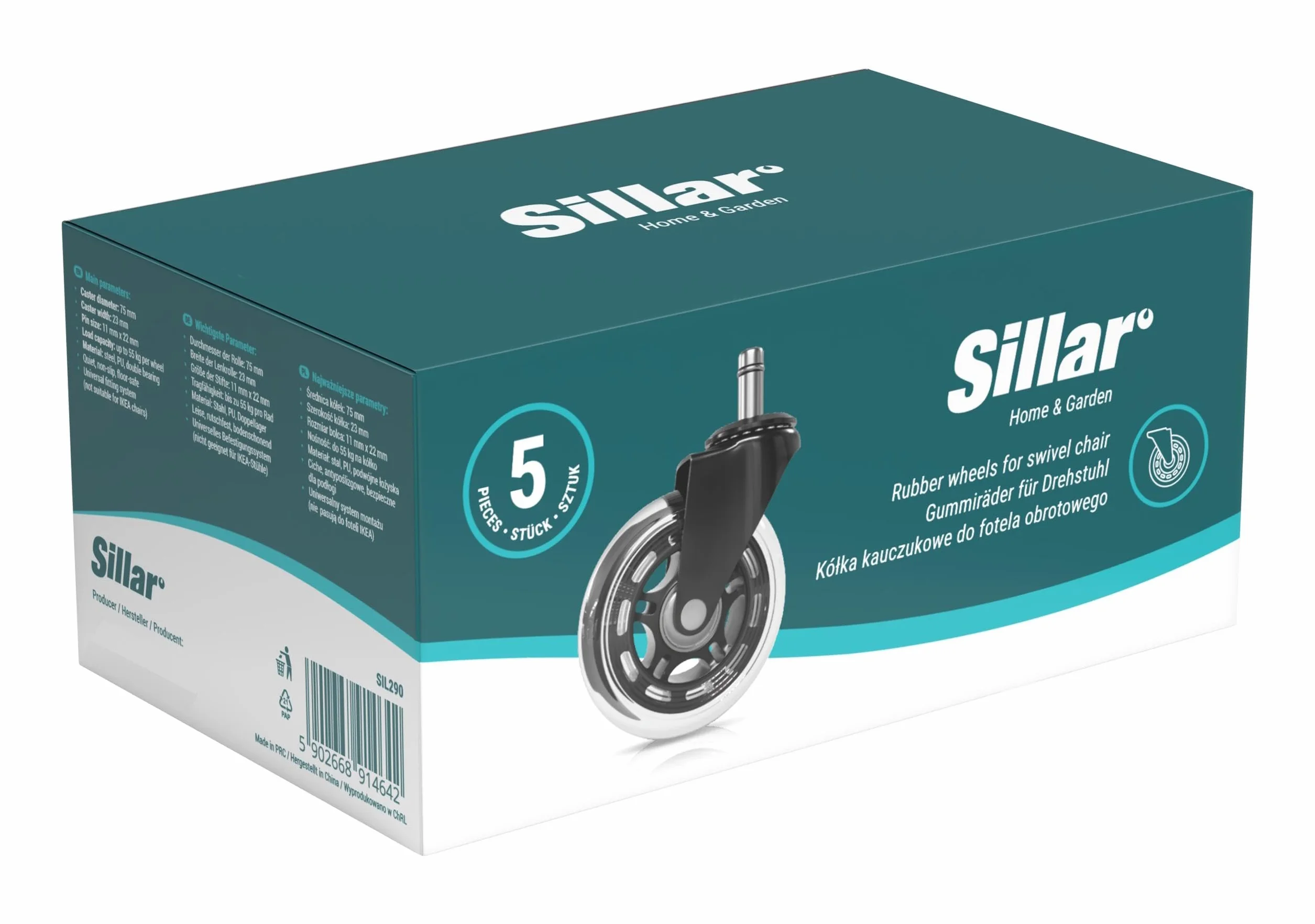 Sillar Zestaw 5 kółek do krzeseł biurowych 11 mm x 22 mm 360 stopni