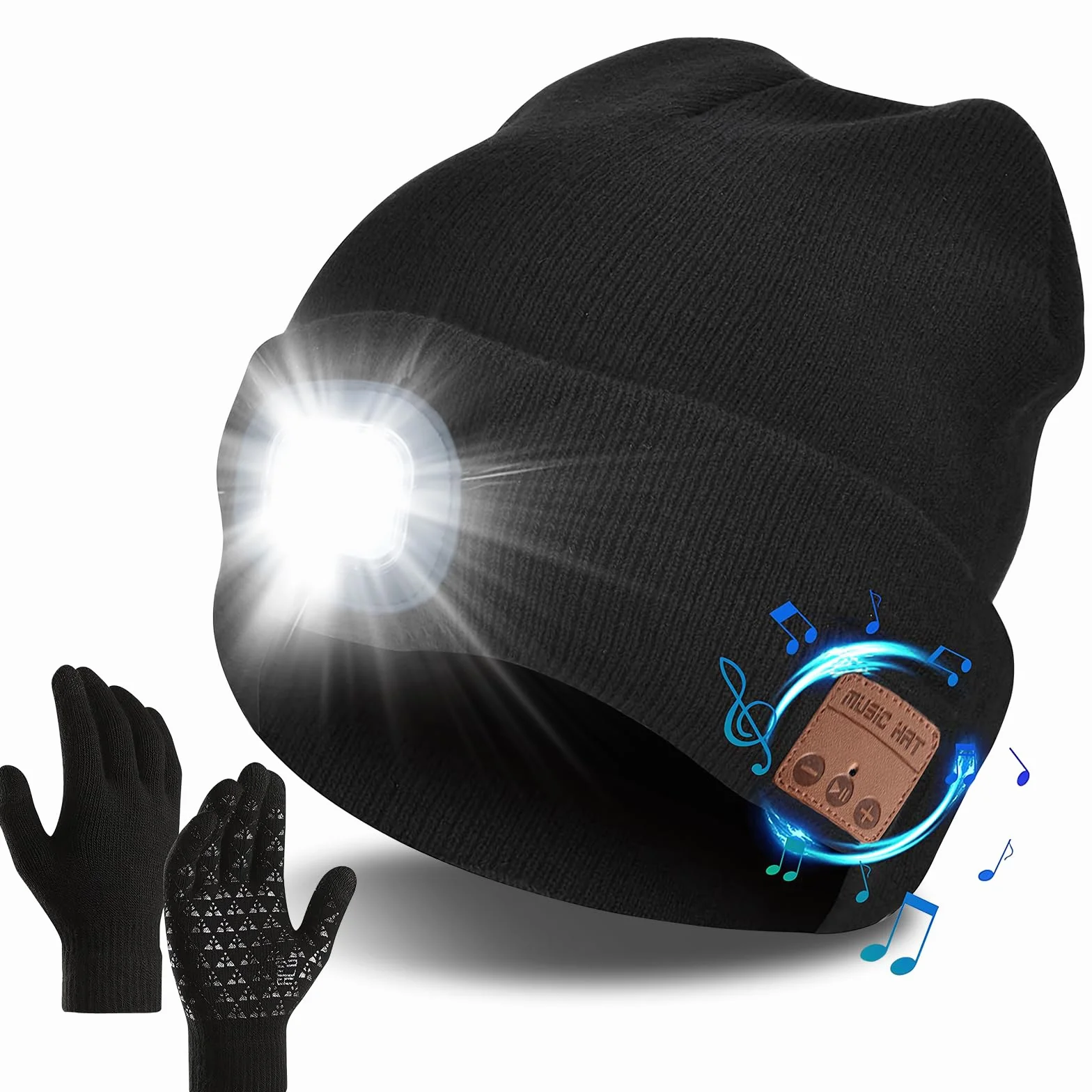 QKTYB Bezprzewodowa czapka zimowa Bluetooth z rękawiczkami z ekranem dotykowym LED reflektor V5.0 USB ładowalna czapka muzyczna nadaje się do prania dla mężczyzn kobiet bieganie narciarstwo turystyka kemping jazda na rowerze