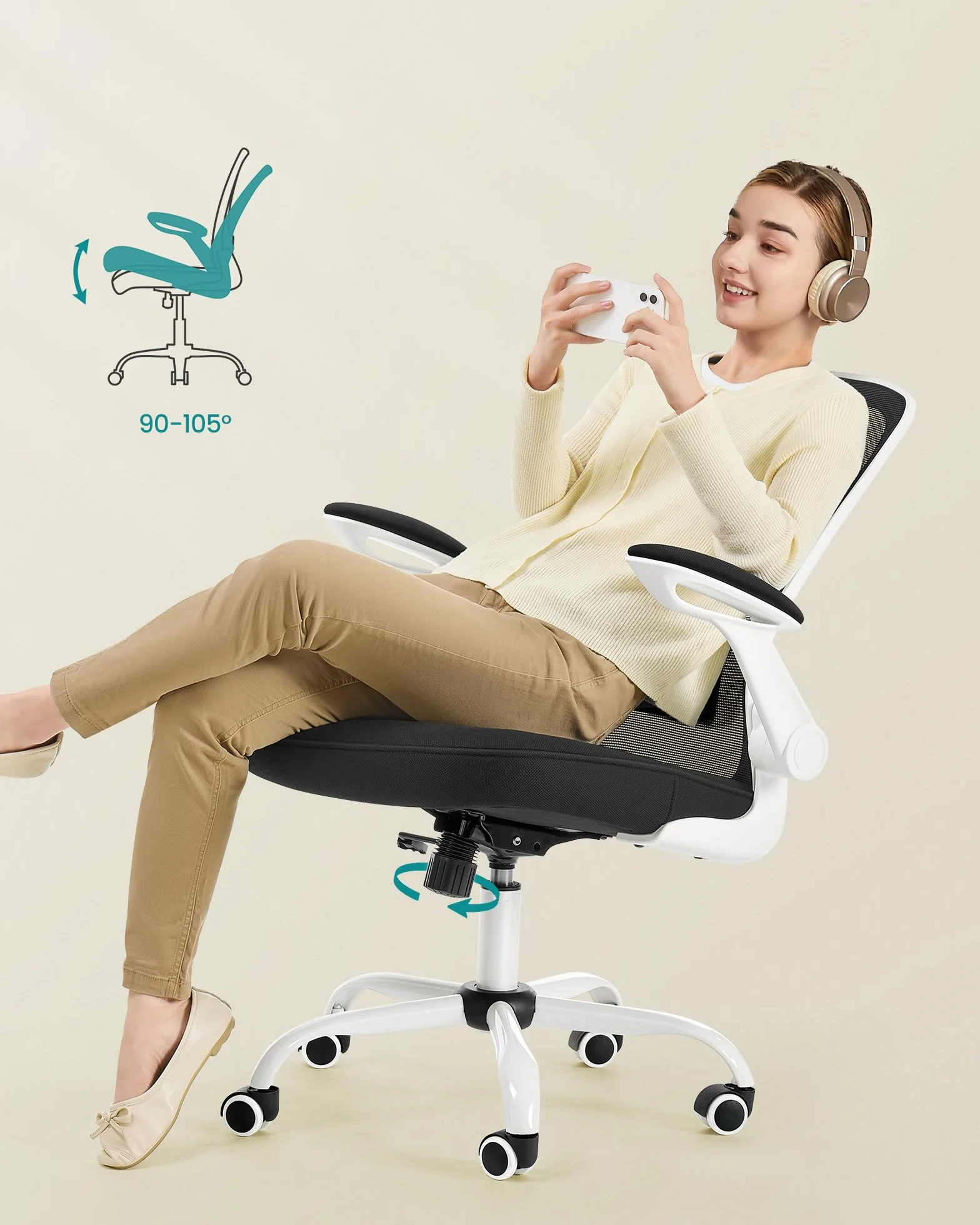 SONGMICS ergonomiczne krzesło biurowe obrotowe z siatką, podparcie lędźwiowe, funkcja bujaka, siedzisko 53 cm, składane podłokietniki, czarno-biały OBN37WTV2