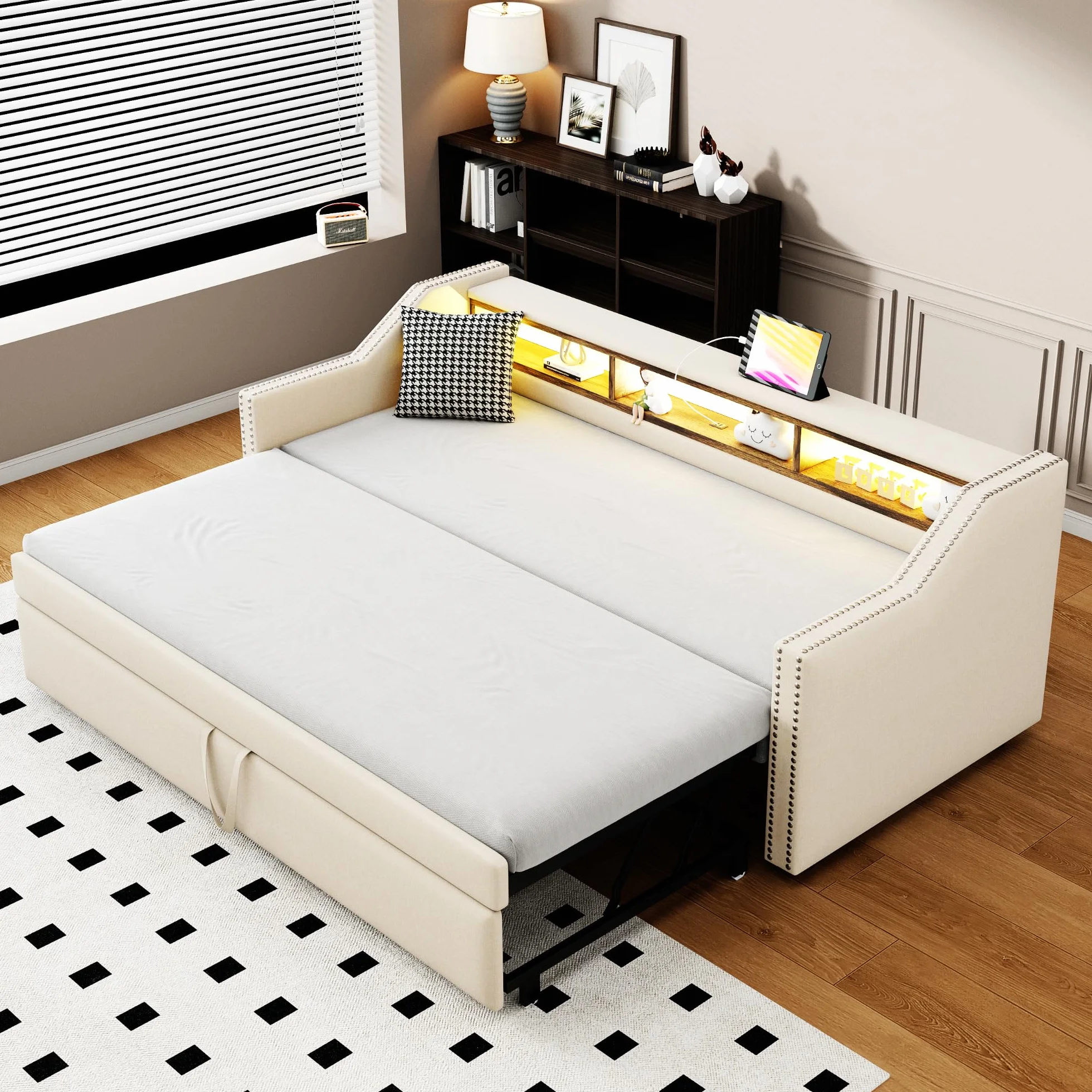 Łóżko dzienne 90/180 x 190 cm z łóżkiem dla gości, rozkładane na tę samą wysokość, sofa z funkcją spania dla 2 osób, len (beżowe)