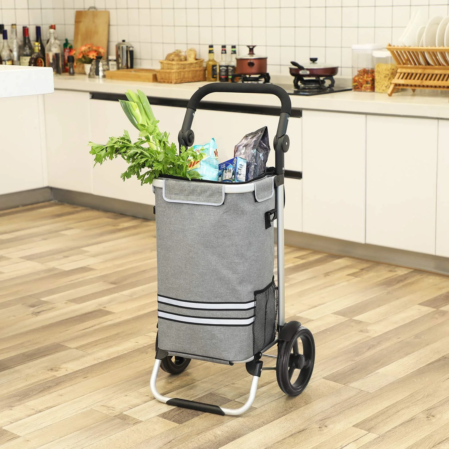 SONGMICS wózek na zakupy, składany, stabilny wózek na zakupy, z kieszenią chłodzącą, duża pojemność 35 l, wielofunkcyjny, ręczny wózek z kółkami, zdejmowana torba, szary KST02GY