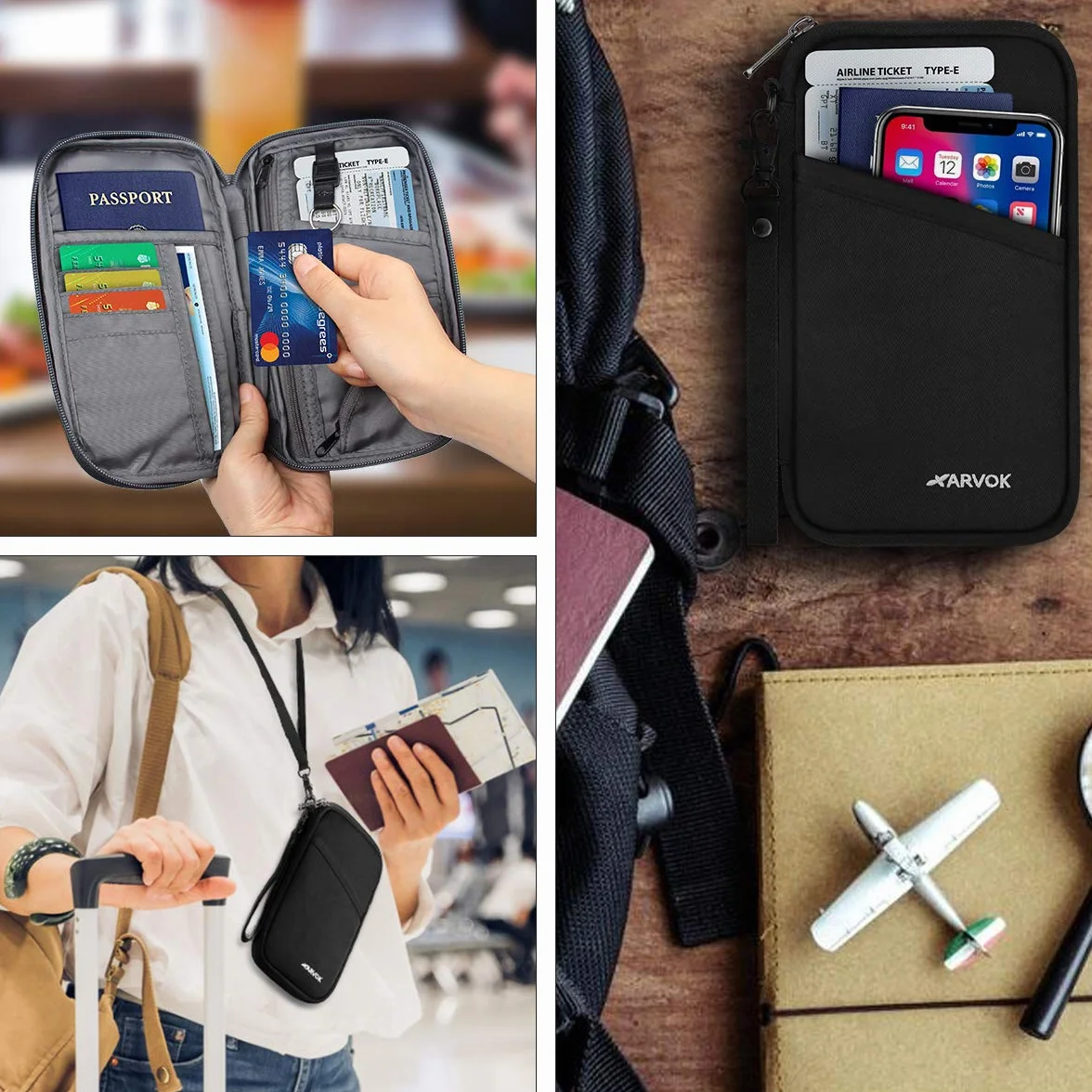 Arvok Torba na paszport, rodzinny organizer podróżny z blokadą RFID, przenośne etui na paszport, etui na dowód osobisty dla kobiet i mężczyzn, etui na paszport na karty kredytowe, dowód osobisty i