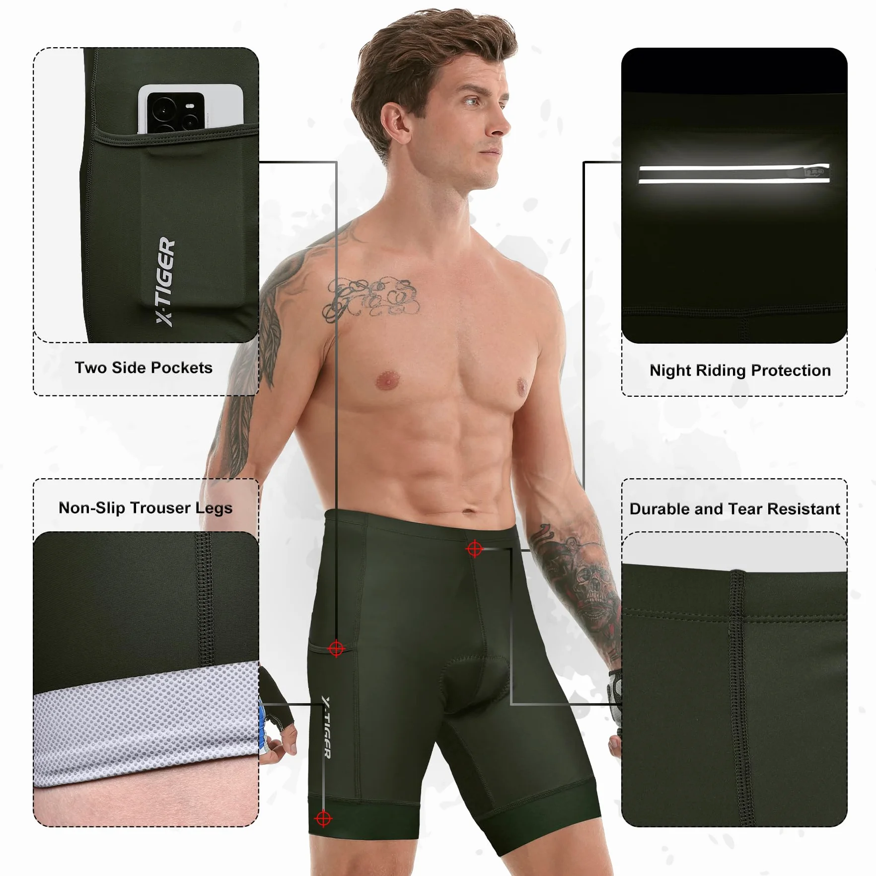 X-TIGER MTB Kolarstwo Męskie 5D Żelowe Wyściełane Spodenki Rowerowe Rower Męskie Oddychające Szybkoschnące Z 3 kieszeniami