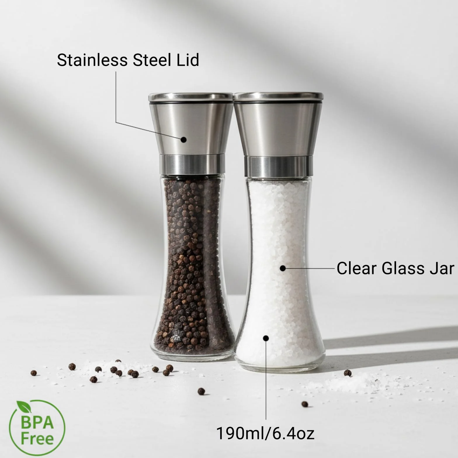 Młynki do Soli i Pieprzu ze Stali Nierdzewnej, Zestaw 2 szt. 190ml, Korpus Szklany, Żarna Ceramiczne