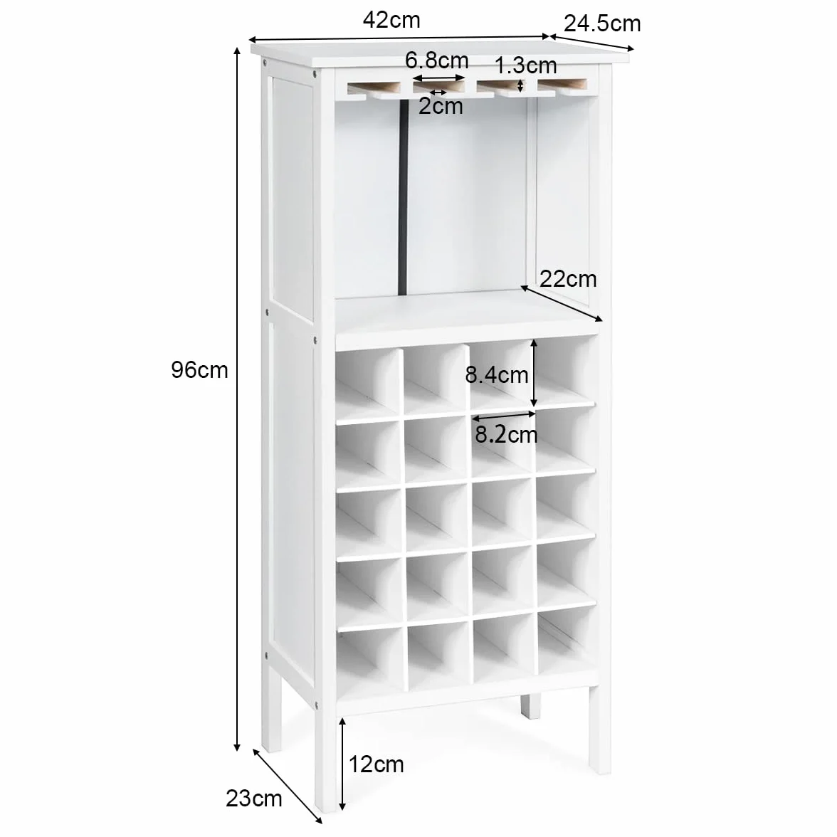 COSTWAY Szafka na wino 20 butelek drewniany regał z uchwytem na szkło 42x24,5x96 cm biała