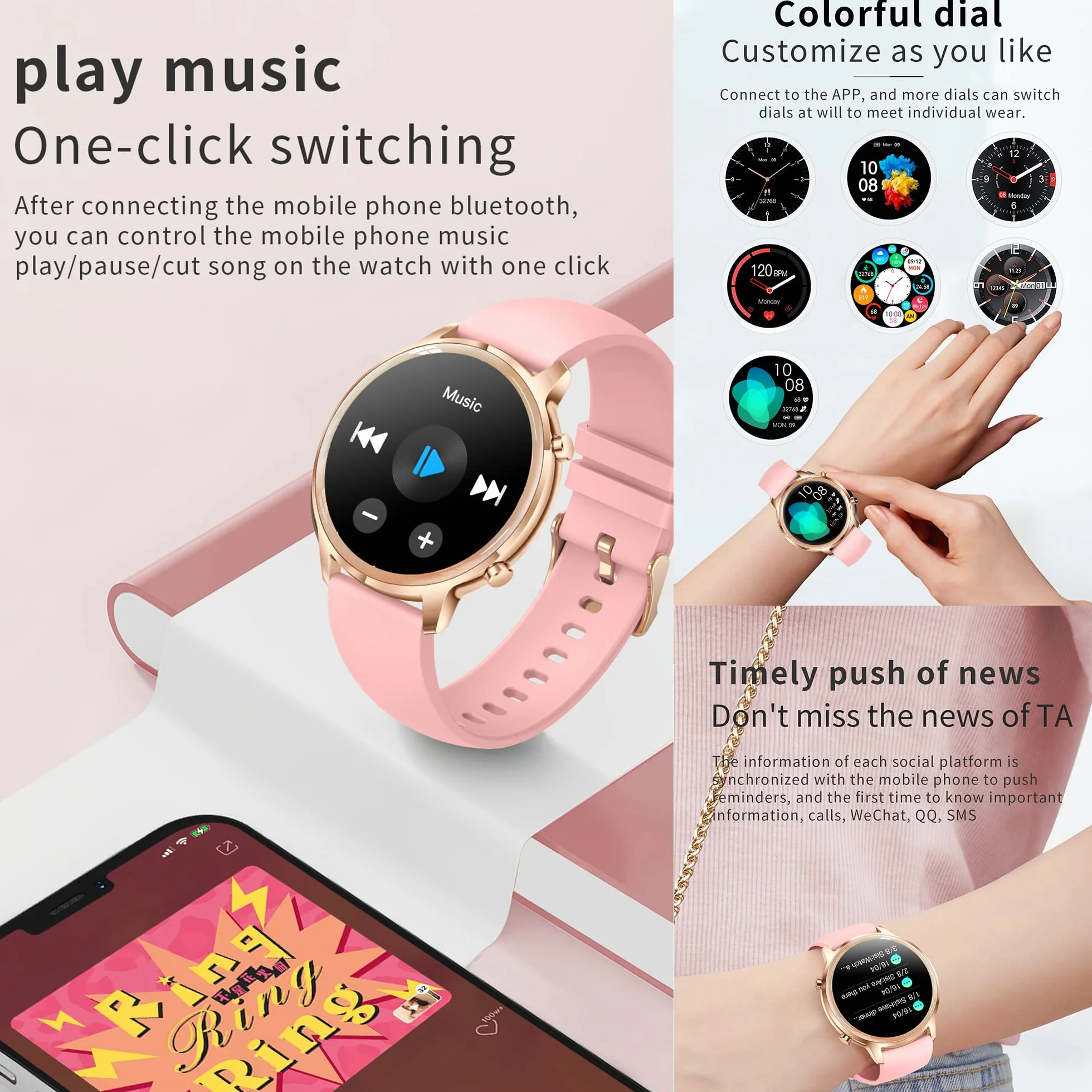 Smartwatch damski z funkcją telefonu, 2022 1,32" HD, z pełnym ekranem dotykowym, z połączeniami Bluetooth, IP67 Fitness Tracker SpO2, pulsometr monitor snu, kalorie, Android iOS (złoty)