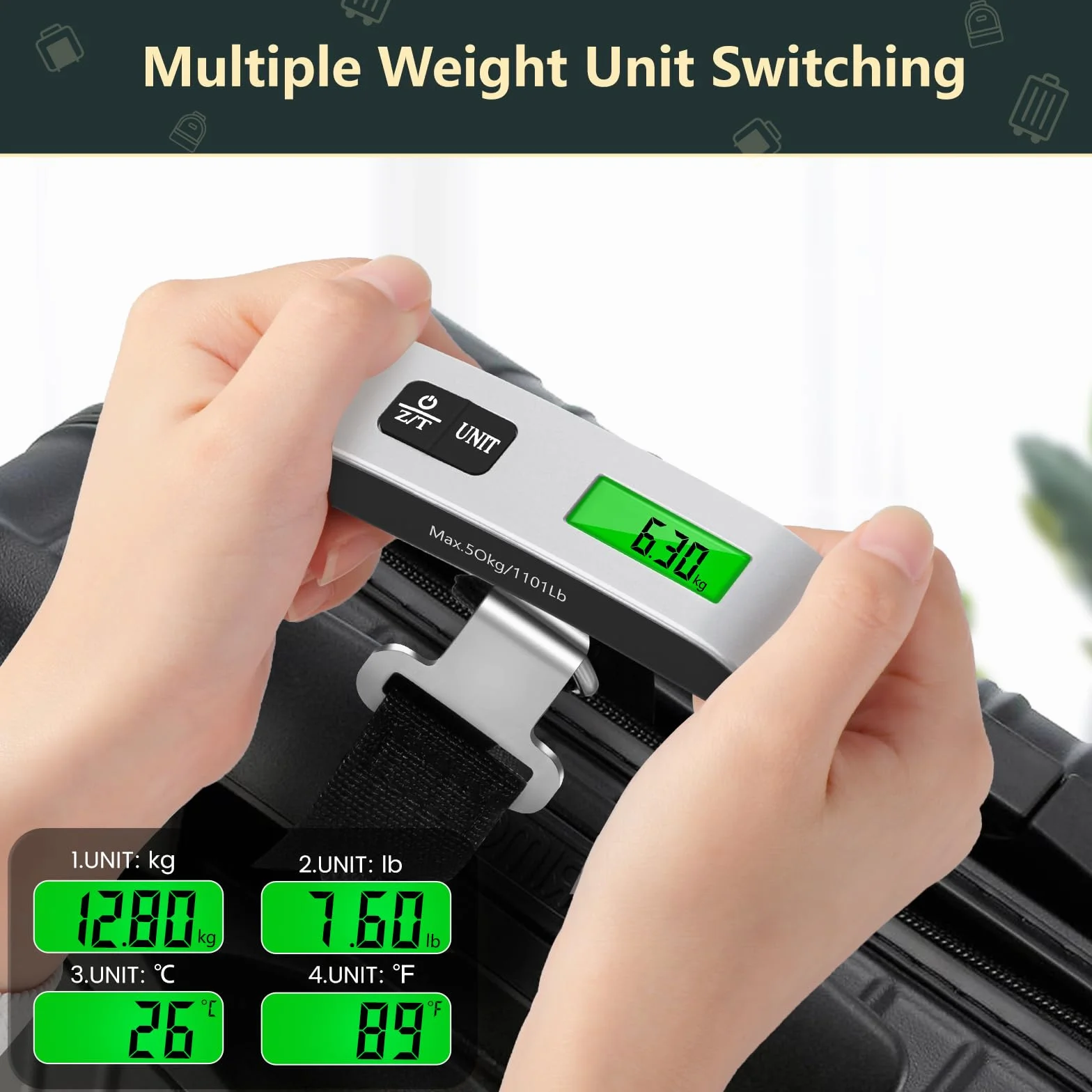 Brencco Walizka podróżna, waga do walizki 110 lb/50 kg, waga elektroniczna cyfrowa walizka podróżna funkcja tary LCD wyświetlacz do podróży na zewnątrz do domu