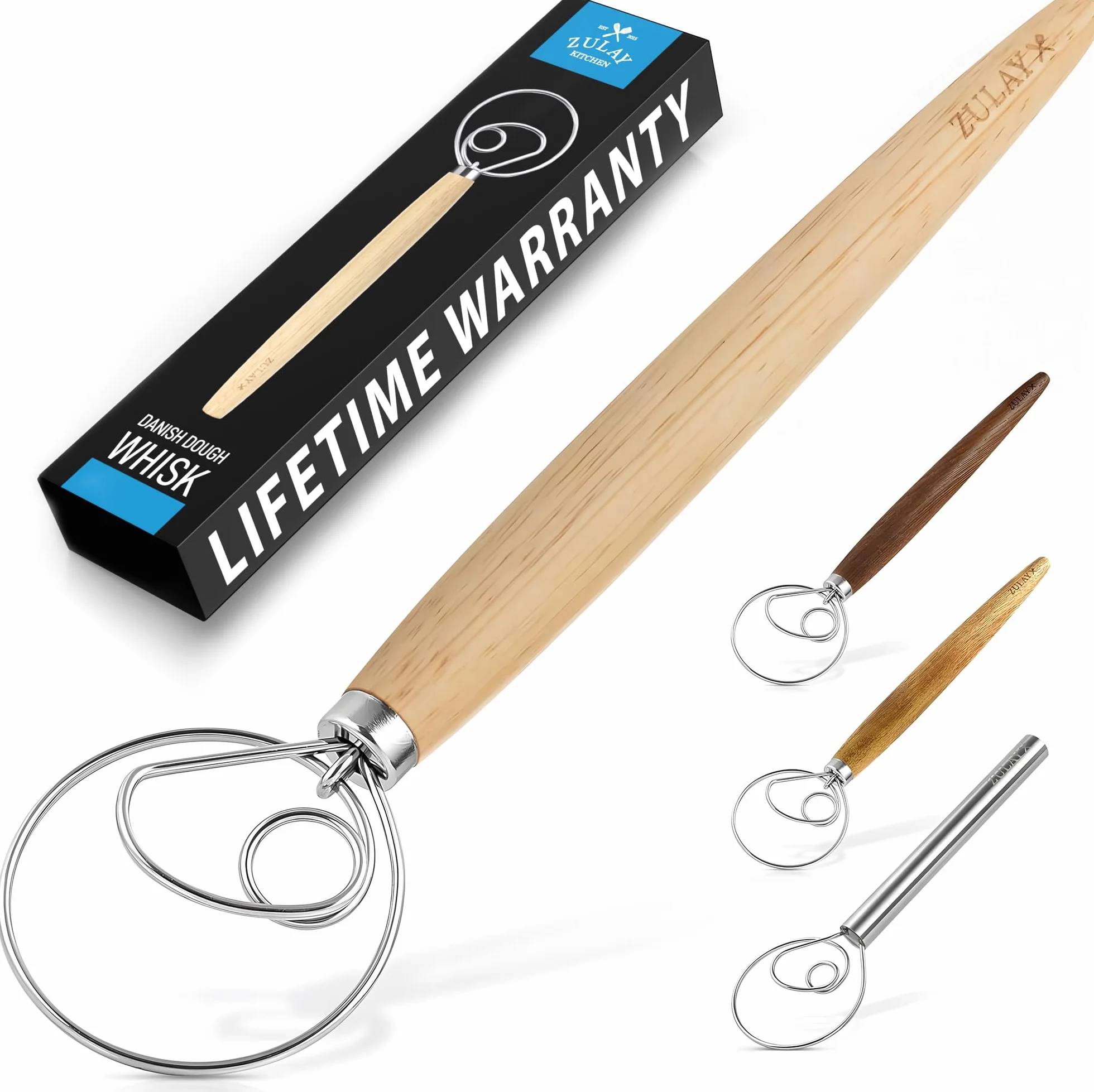 Zulay - Batidor danés para masa, gran batidor danés de acero inoxidable de 33 cm, estilo holandés, mezclador artesanal para pan, masa, pasteles, pasteles y más