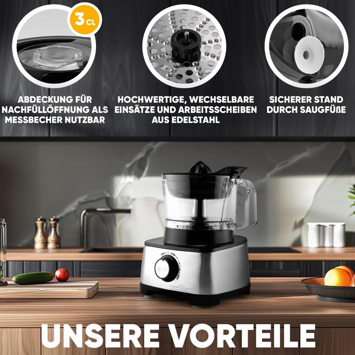 ProfiCook PC-KM 1063 Kompaktowy robot kuchenny z obudową ze stali nierdzewnej, 1,2 l, otworem do napełniania, 1200 W