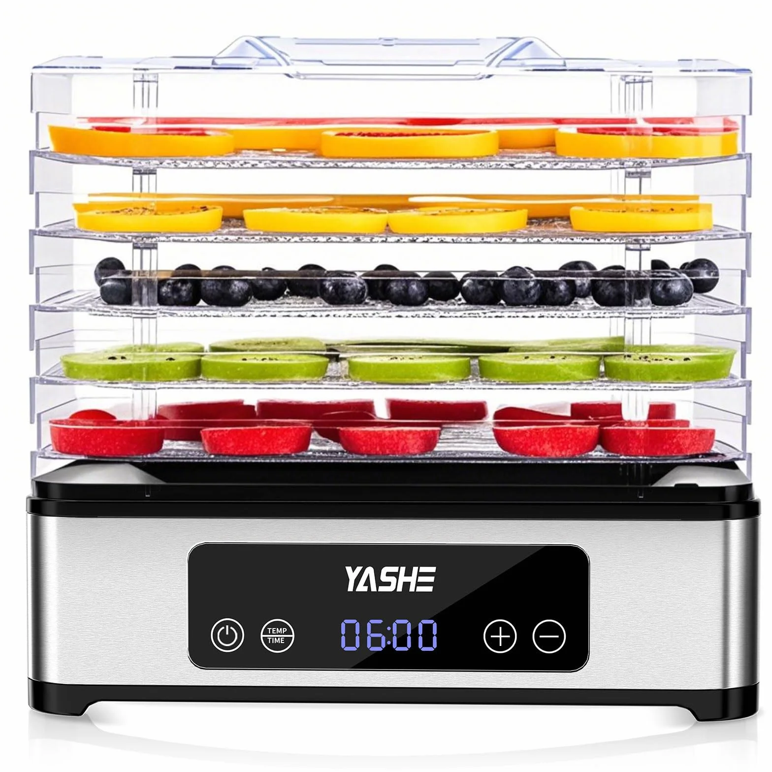 YASHE Dehydrator do Żywności 5-Tacowy Suszarka ze Stali Nierdzewnej 400W Regulowany Timer Temperatura