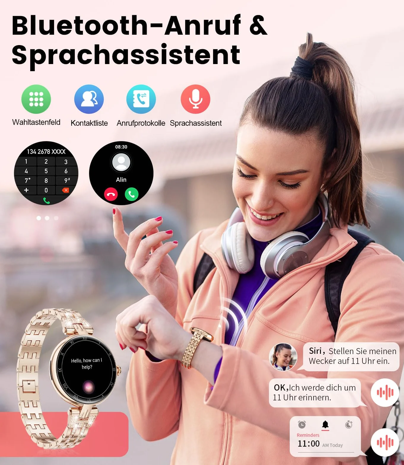 ESFOE Smartwatch damski z funkcją telefonu 1,16" AMOLED Always-On-Display, zegarek na rękę SML18
