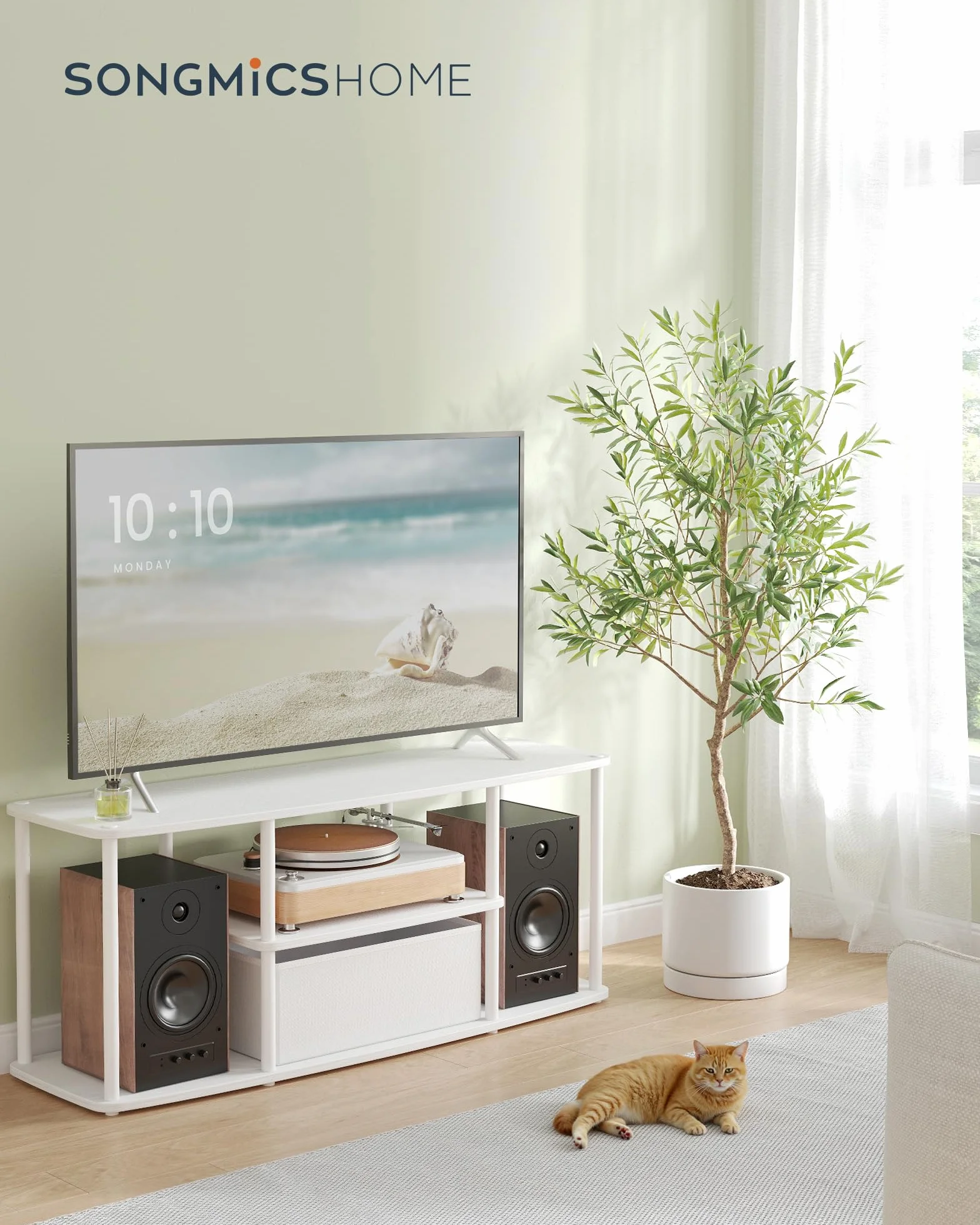 SONGMICS HOME Superszybki montaż bez użycia narzędzi, szafka pod telewizor do 50 cali, stolik RTV, niski kredens, salon, 110 x 35 x 46 cm, półka, śnieżnobiały – matowy biały LTV500W01