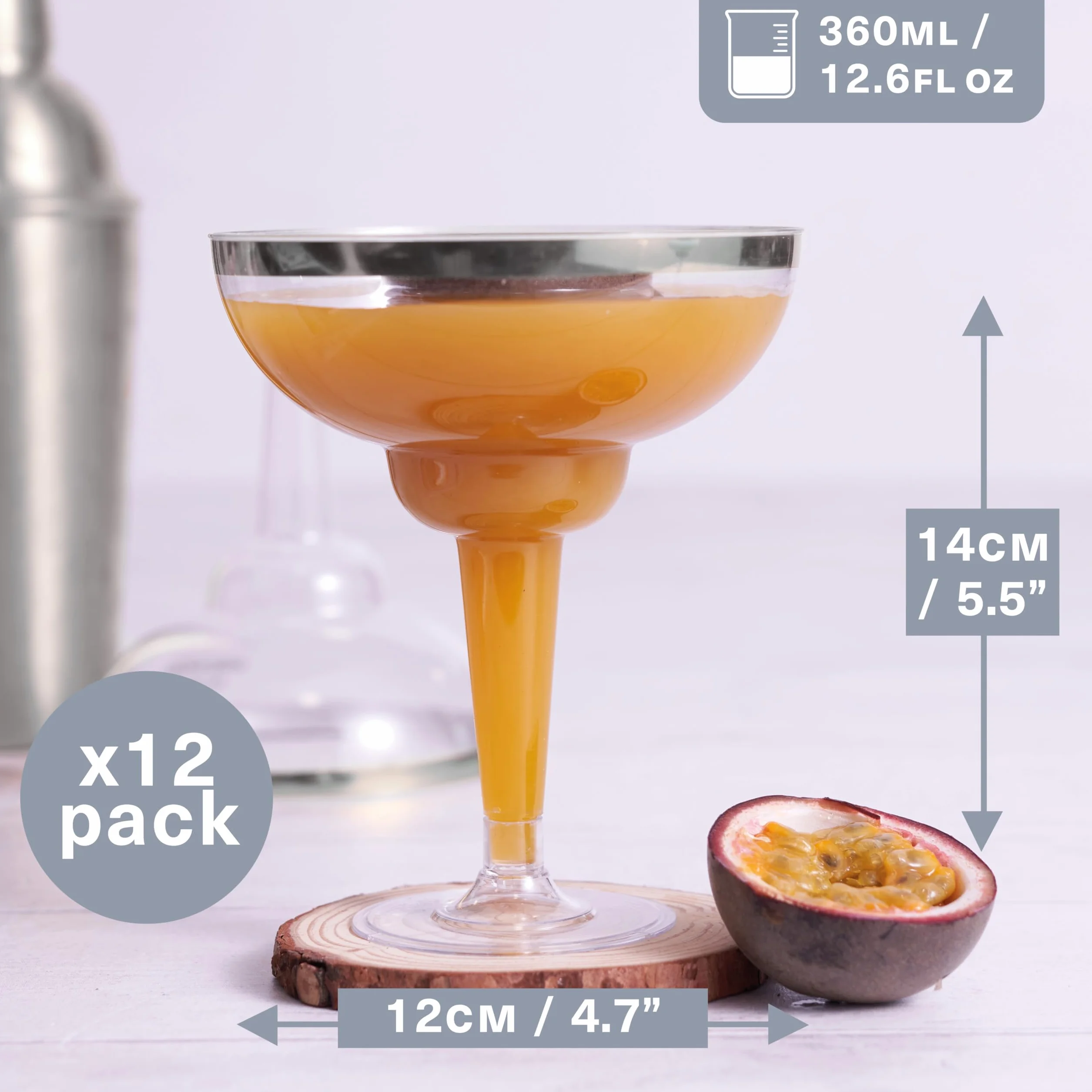 MATANA 12 eleganckich plastikowych kieliszków koktajlowych Margarita 360 ml ze srebrnym brzegiem