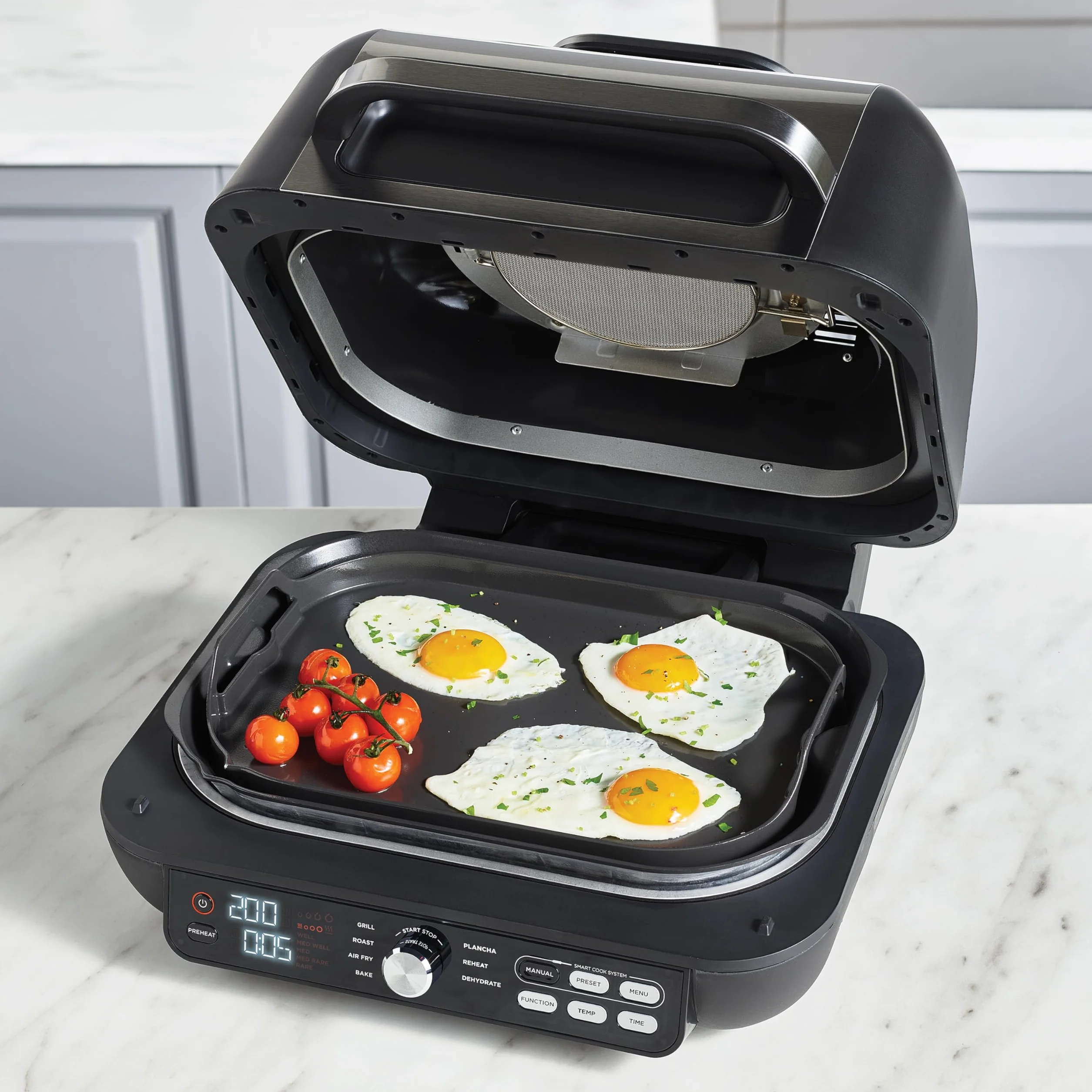Ninja Foodi MAX PRO Grill, płaska płyta i frytkownica beztluszczowa z cyfrową sondą kuchenną i termometrem, 3,8 l, 7 funkcji gotowania w 1, części można myć w zmywarce, srebrno/czarny, AG651EU