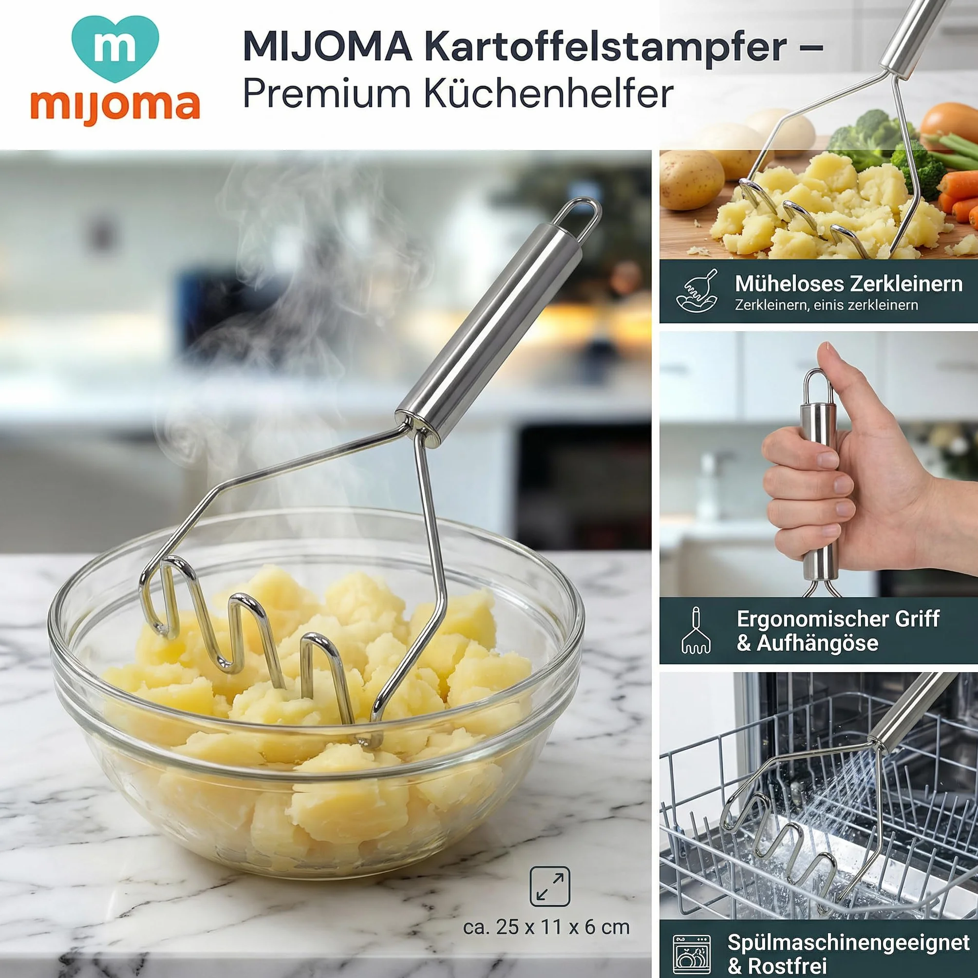 MIJOMA Tłuczek do ziemniaków stal nierdzewna falista praska do ziemniaków i warzyw ergonomiczny uchwyt