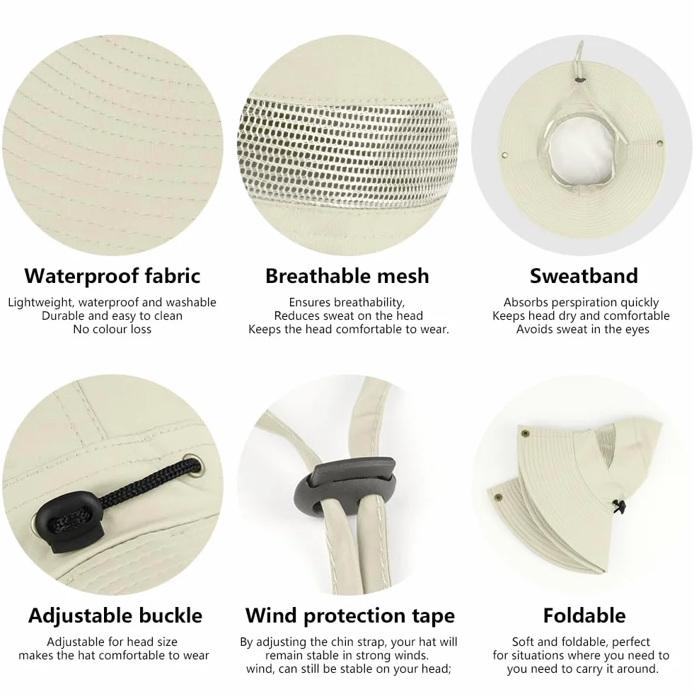 Kapelusze typu bucket uniseks UPF50+, safari, ochrona przed promieniowaniem UV, szerokie rondo, turystyczna, oddychająca, siateczkowa, letnia, lekka, przenośna, składana, na wędkowanie,