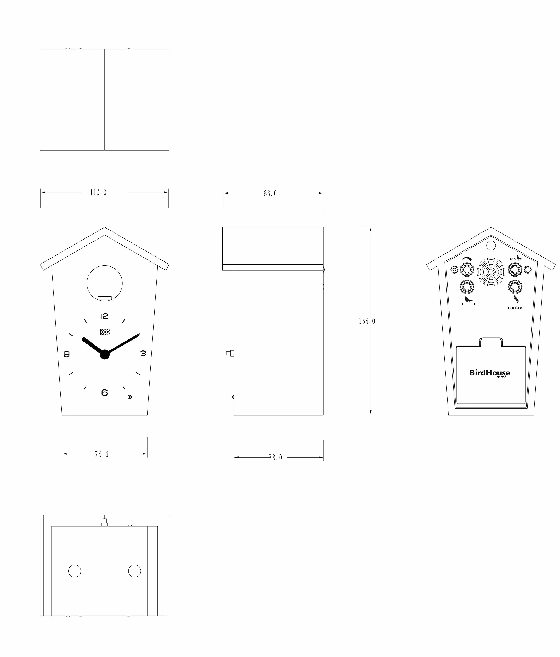 KOOKOO Birdhouse Mini czarny zegar z kukułką 12 głosów ptaków