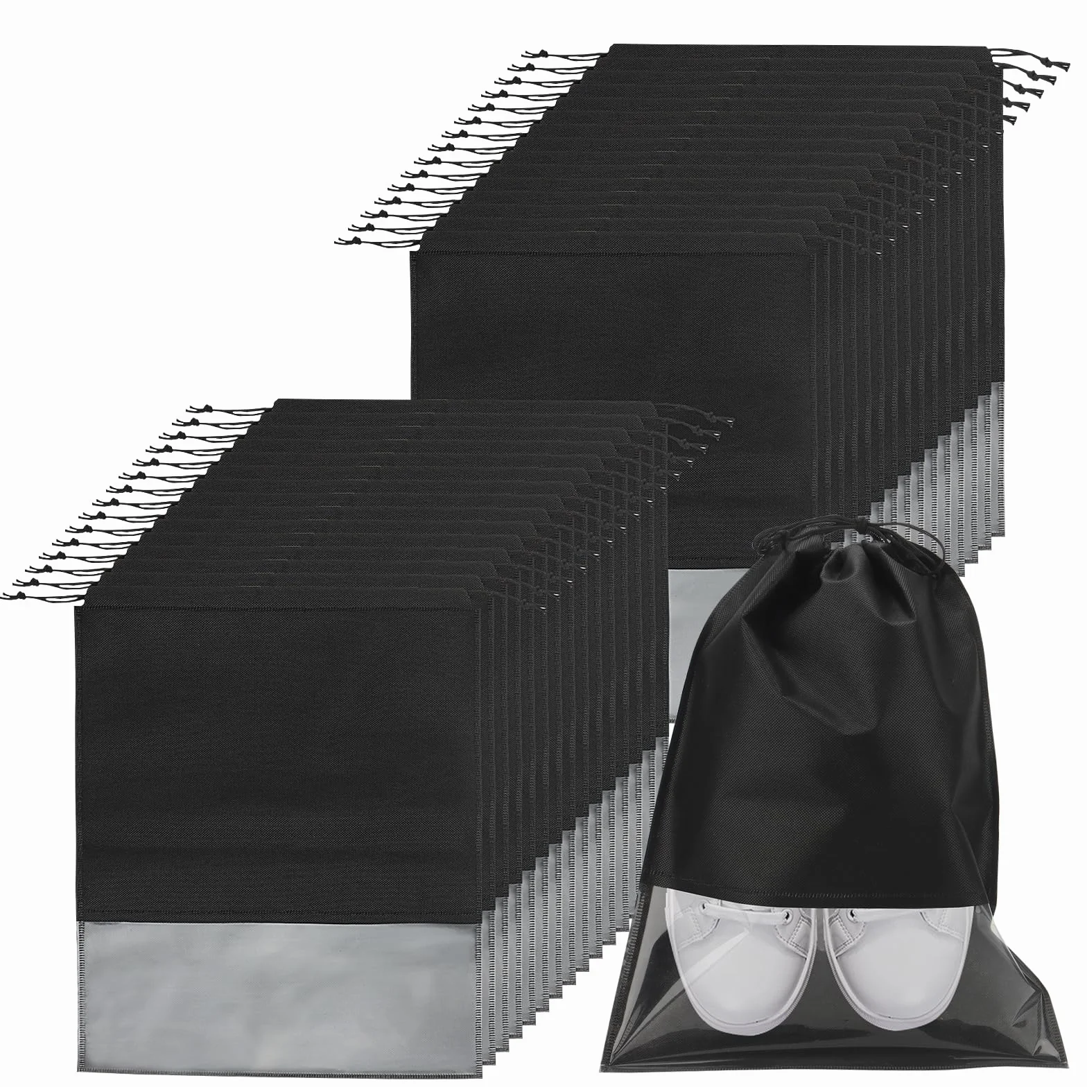 30 sztuk podróżnych worków na buty ze sznurkiem, 44 x 32 cm, duże worki na buty z okienkiem, torba do przechowywania butów, czarna tkanina do przechowywania, czarny, Minimalistyczny