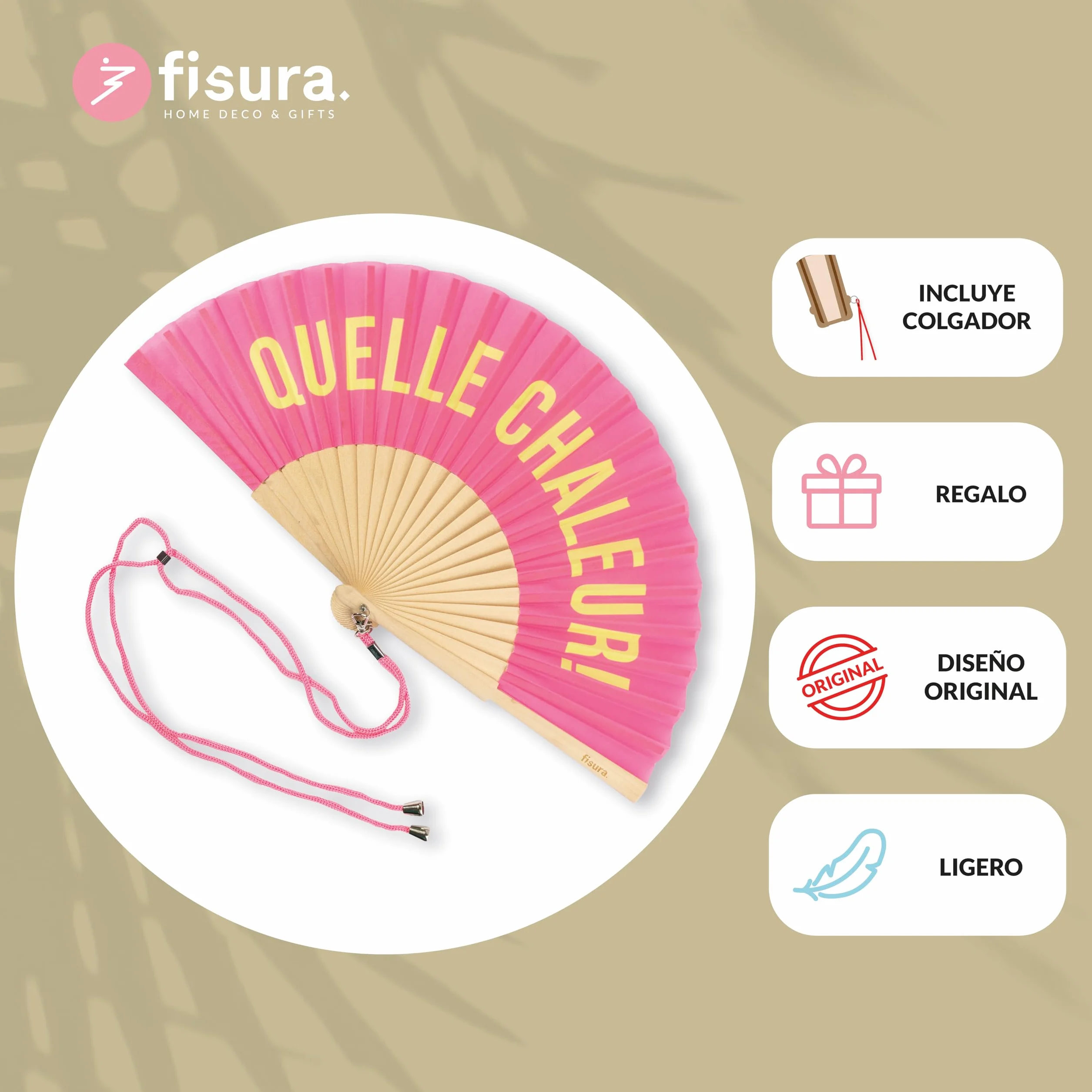 Fisura - Oryginalny Wachlarz z Napisem “quelle chaleur”. Nowoczesny i Zabawny Wachlarz z Drewna. Wachlarz w Kolorach Różowym i Żółtym. Wachlarz z Uchwytem. 42,5 x 23 cm.