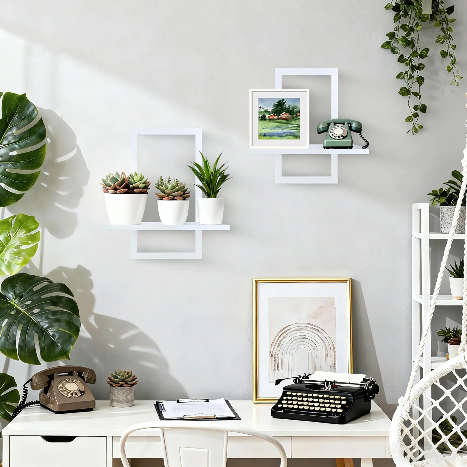 YiYa Drewniane półki ścienne boho 2 szt. białe