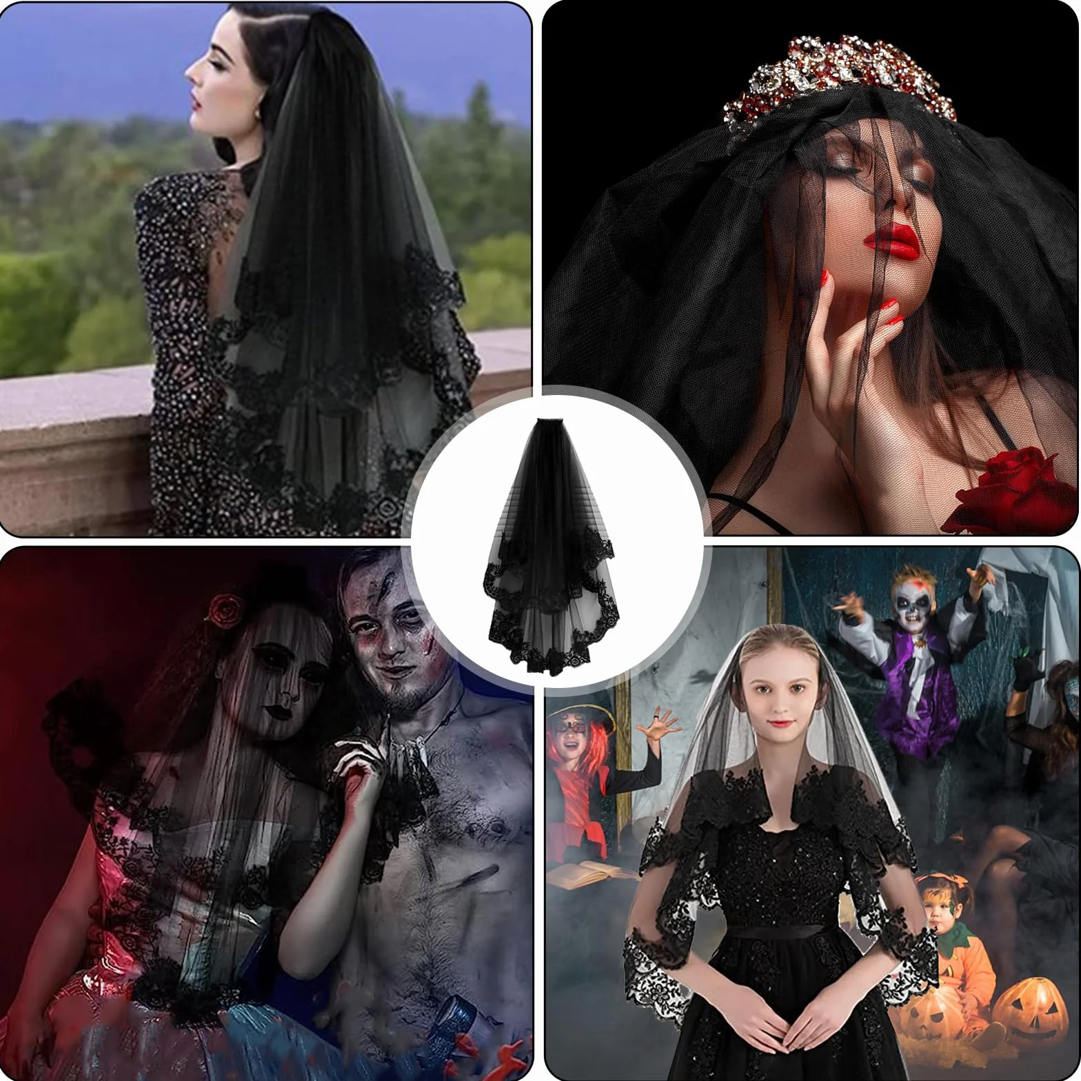 Funmo Welon na Halloween, czarna koronka, opaska na czoło, welon dla panny młodej, welon ślubny, 2 warstwy, na Halloween, włosy czarownica, czarny grzebień, welon, Cosplay, vintage, 80 cm, czarny, M